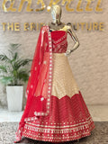 Elegant Beige and Red Color-Blocked Unstitched Lehenga Set 106793