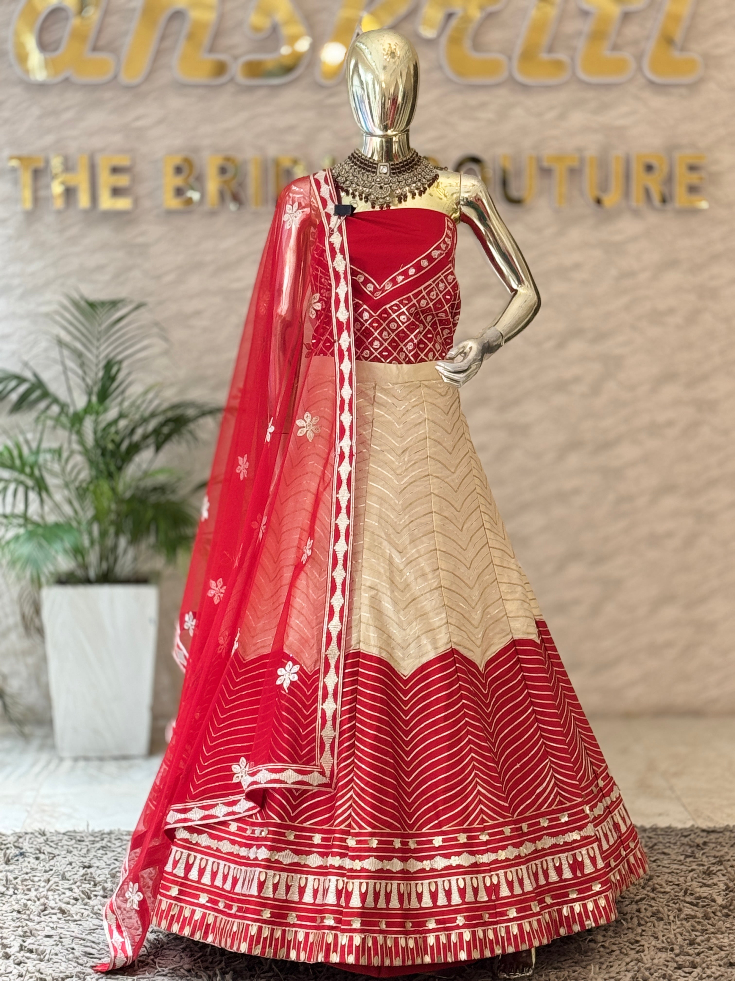 Elegant Beige and Red Color-Blocked Unstitched Lehenga Set 106793