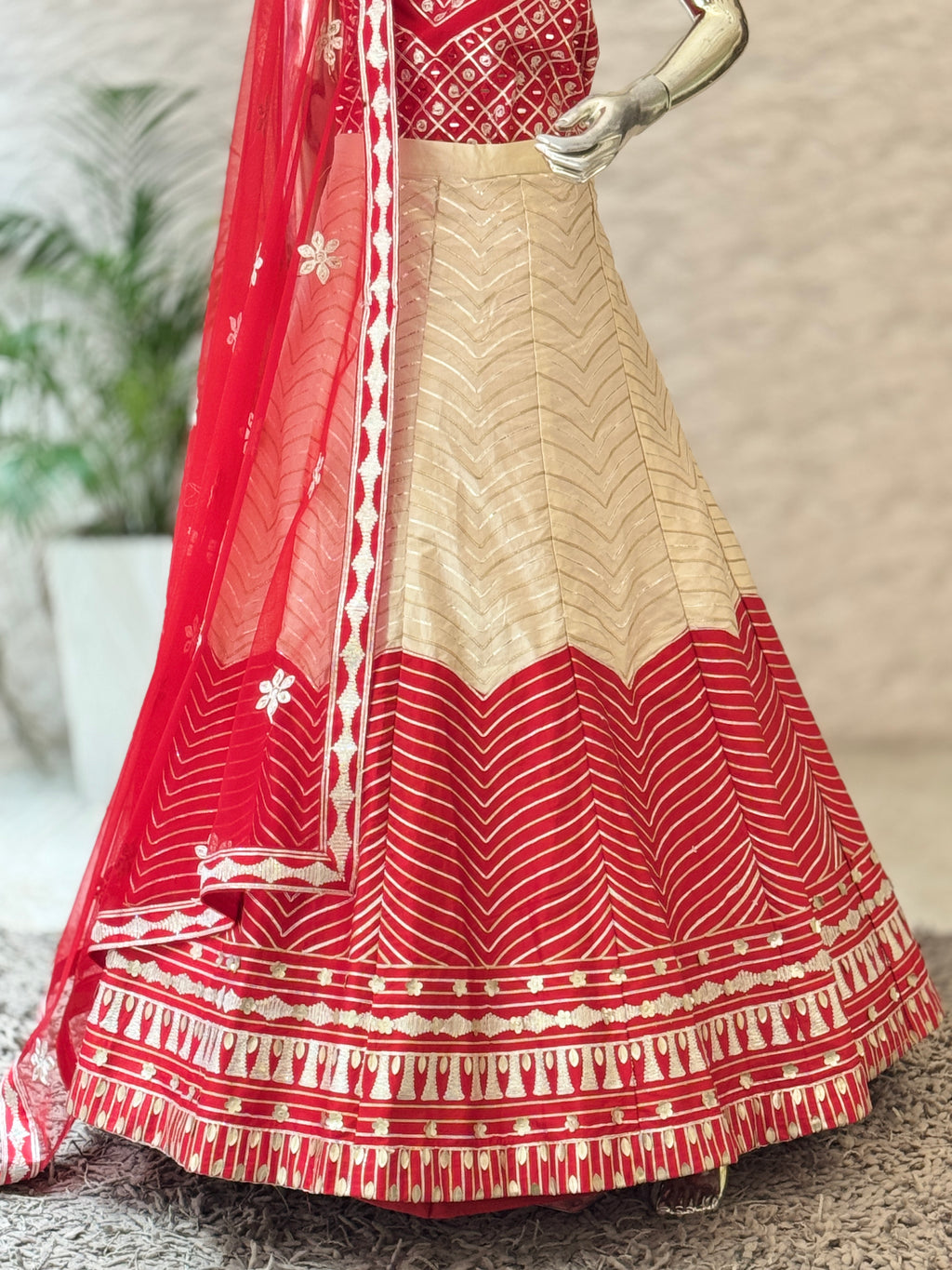 Elegant Beige and Red Color-Blocked Unstitched Lehenga Set 106793