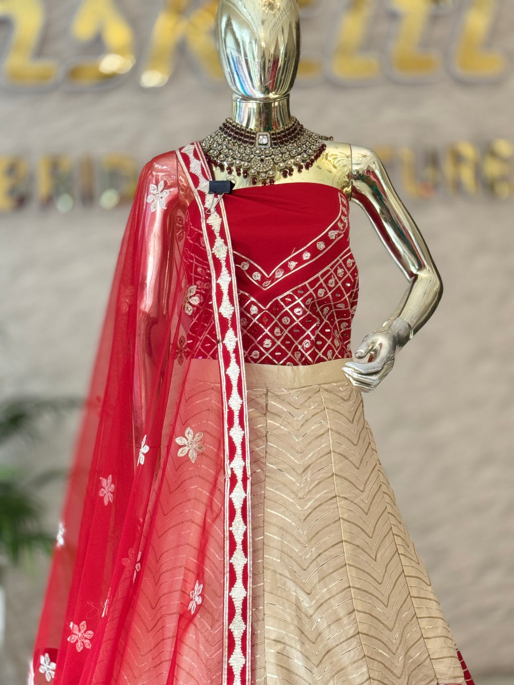 Elegant Beige and Red Color-Blocked Unstitched Lehenga Set 106793
