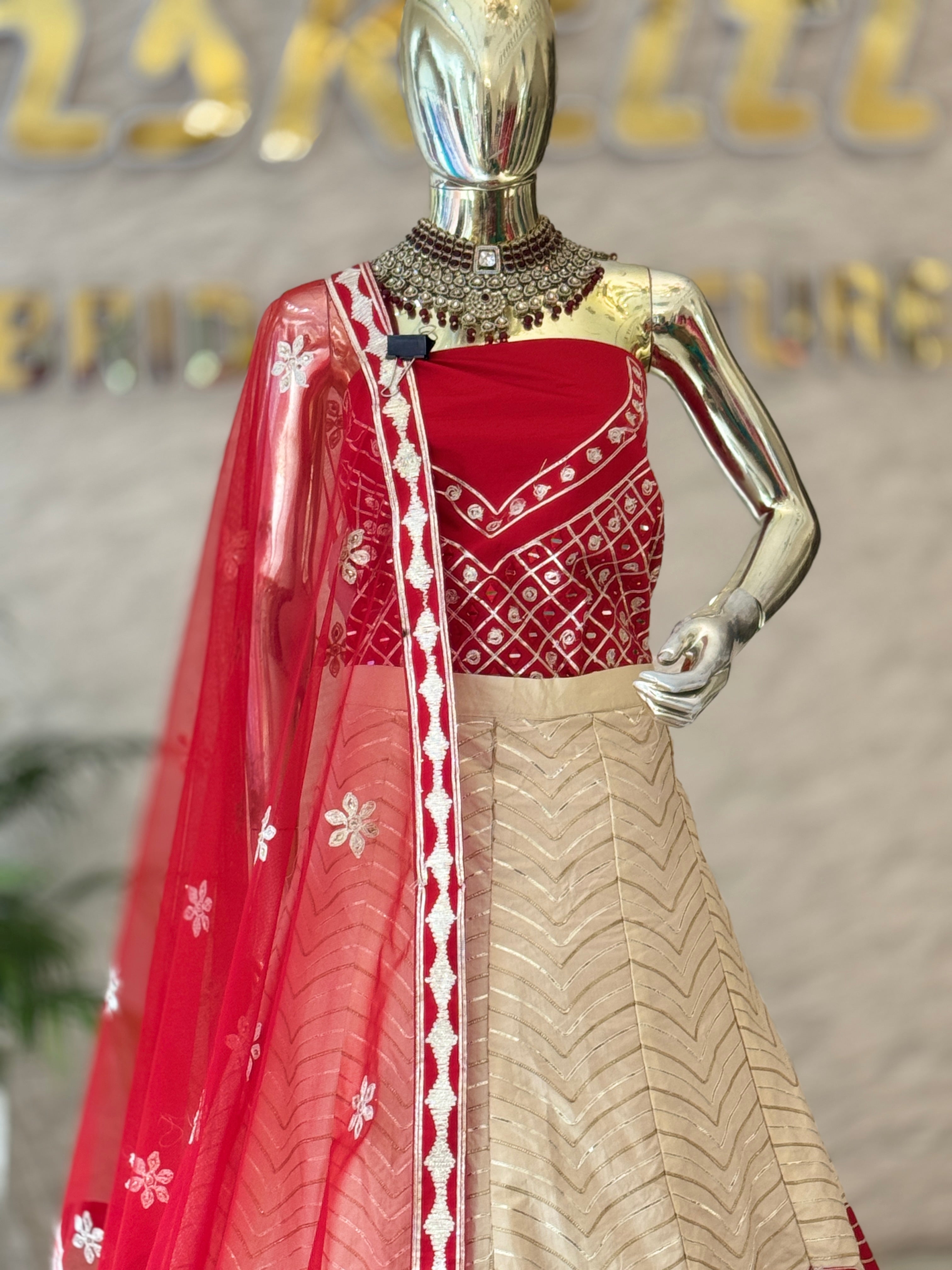 Elegant Beige and Red Color-Blocked Unstitched Lehenga Set 106793