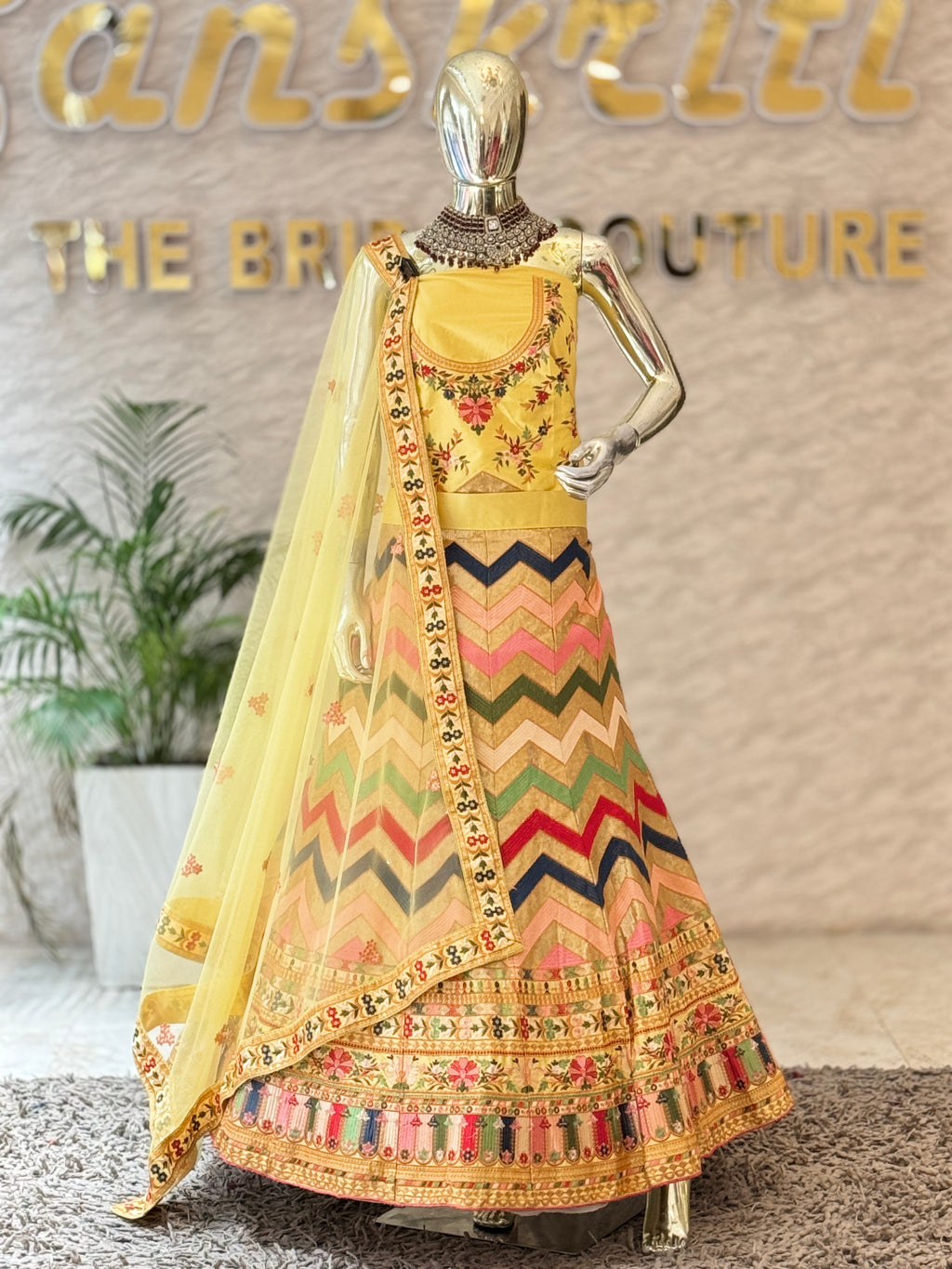 Multi-Colored Chevron Pattern Unstitched Lehenga Set 14855