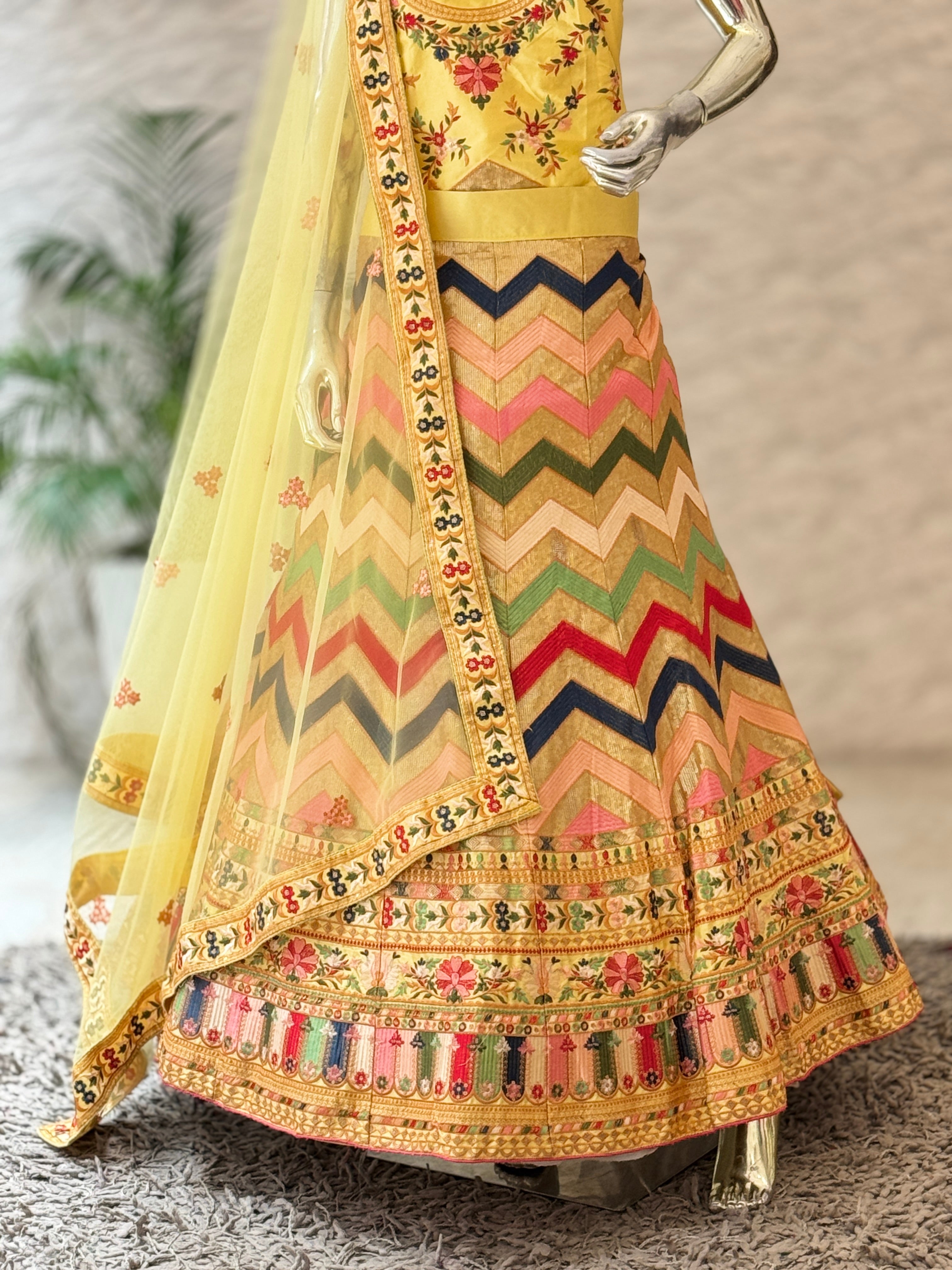 Multi-Colored Chevron Pattern Unstitched Lehenga Set 14855