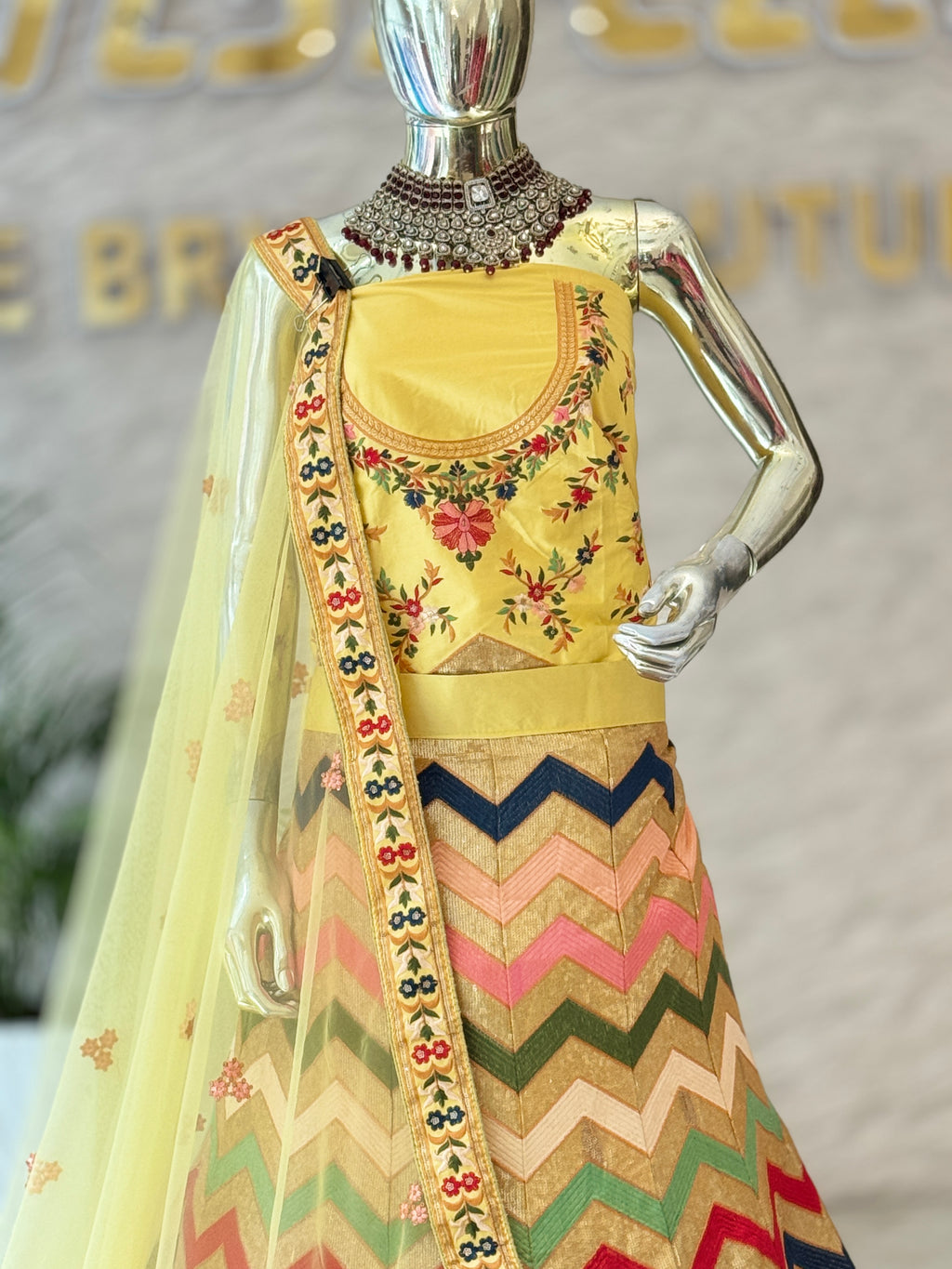Multi-Colored Chevron Pattern Unstitched Lehenga Set 14855