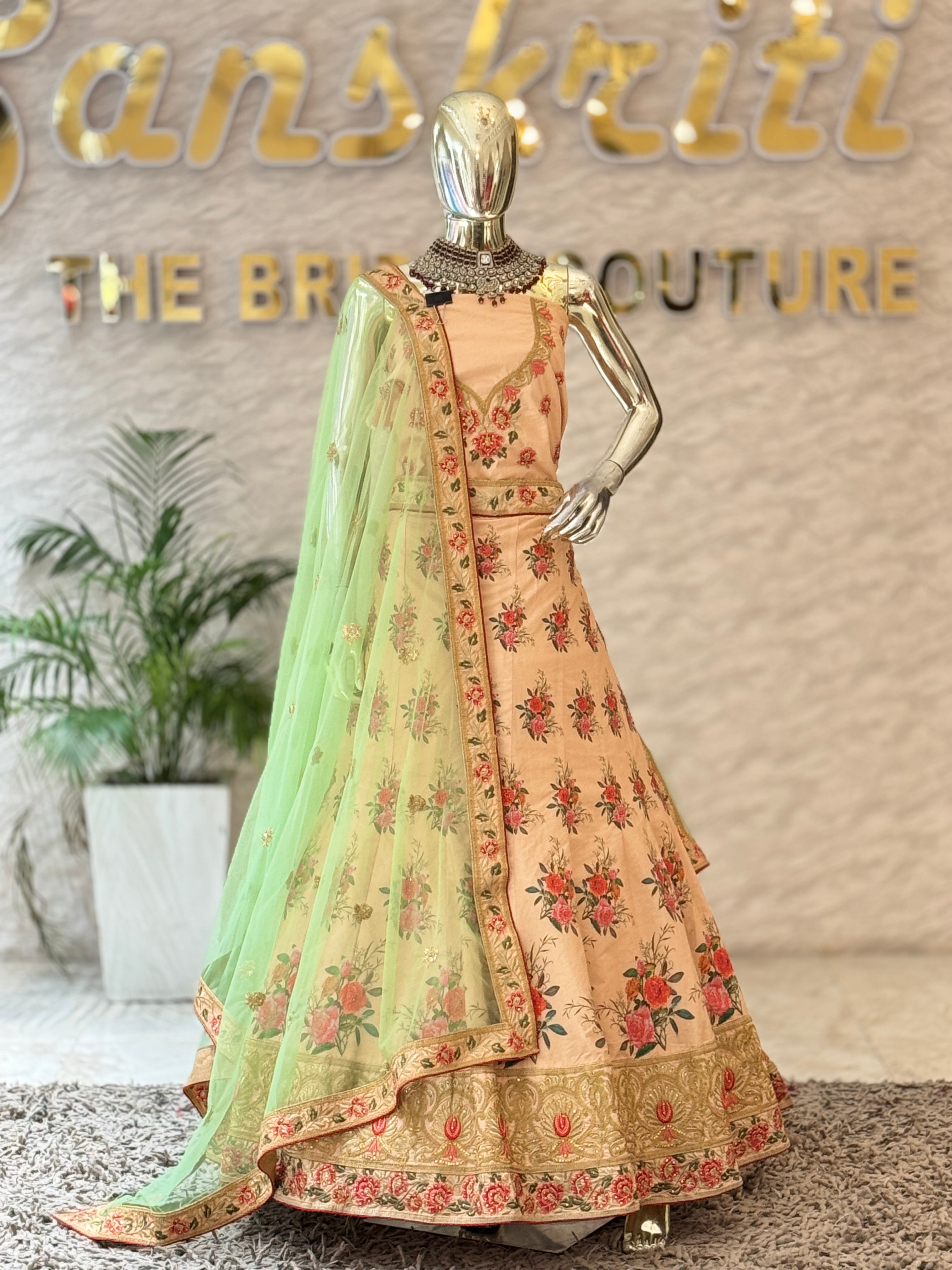 Elegant Peach Floral Printed Unstitched Lehenga Set 11138