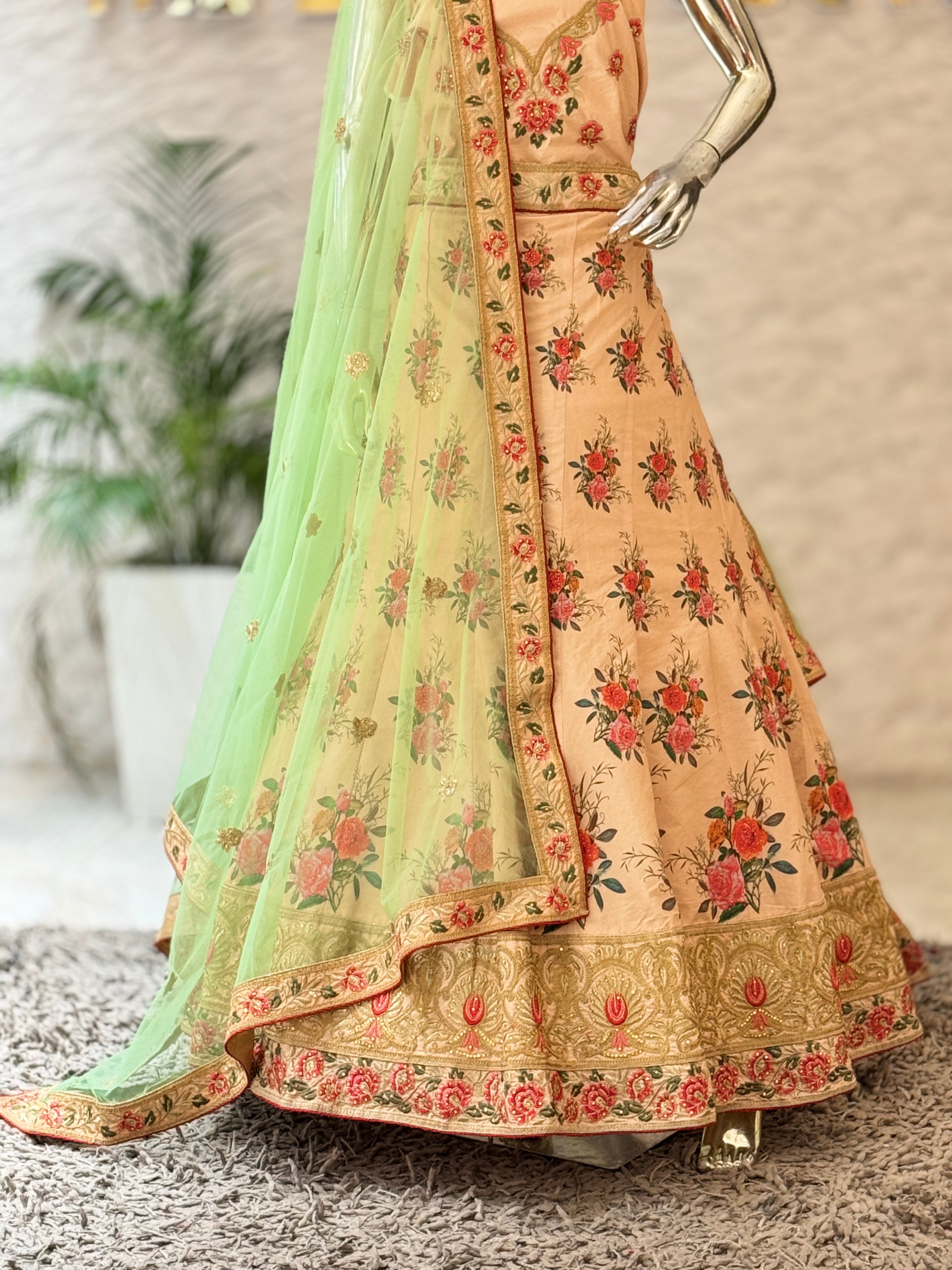 Elegant Peach Floral Printed Unstitched Lehenga Set 11138