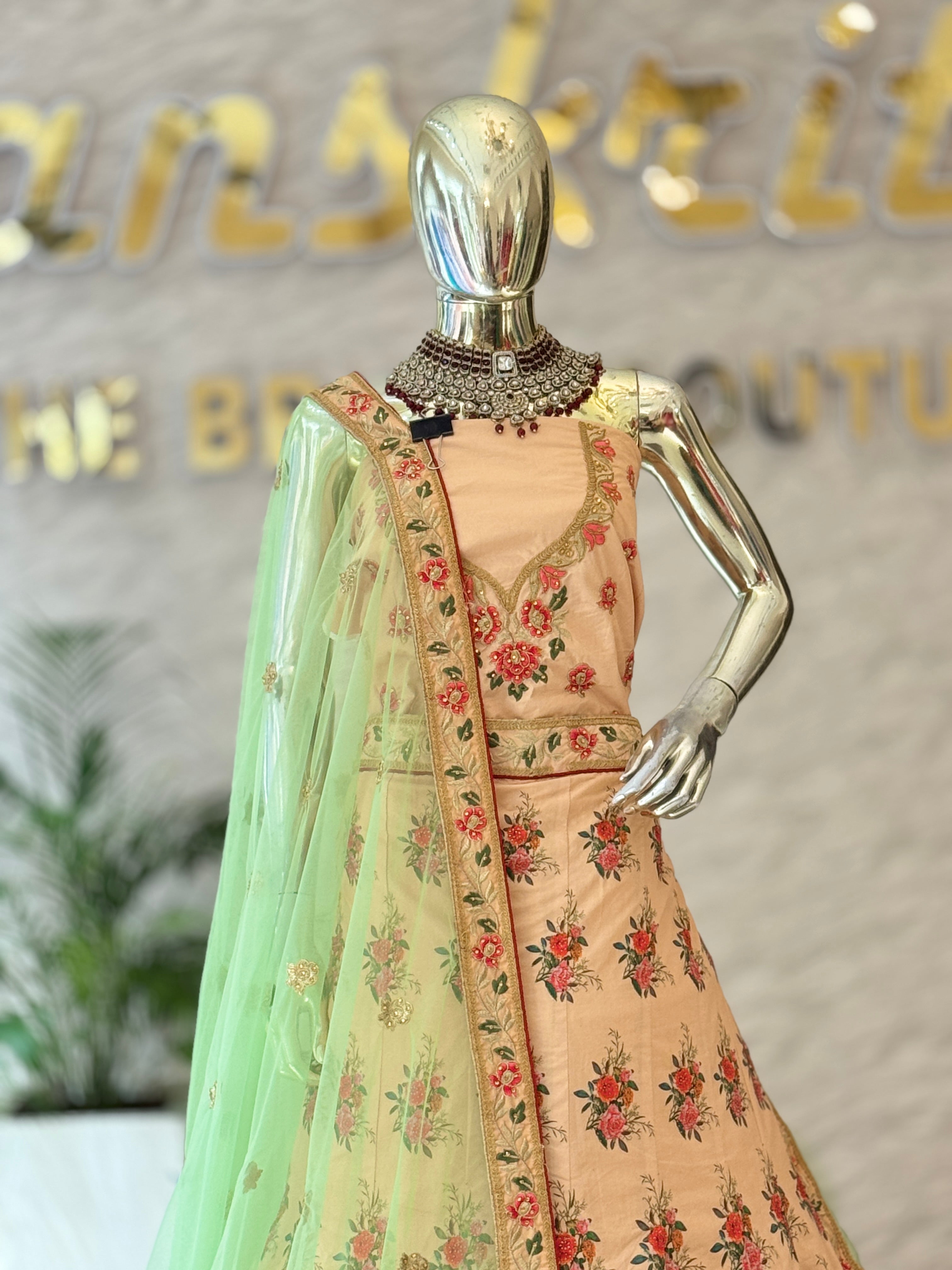 Elegant Peach Floral Printed Unstitched Lehenga Set 11138