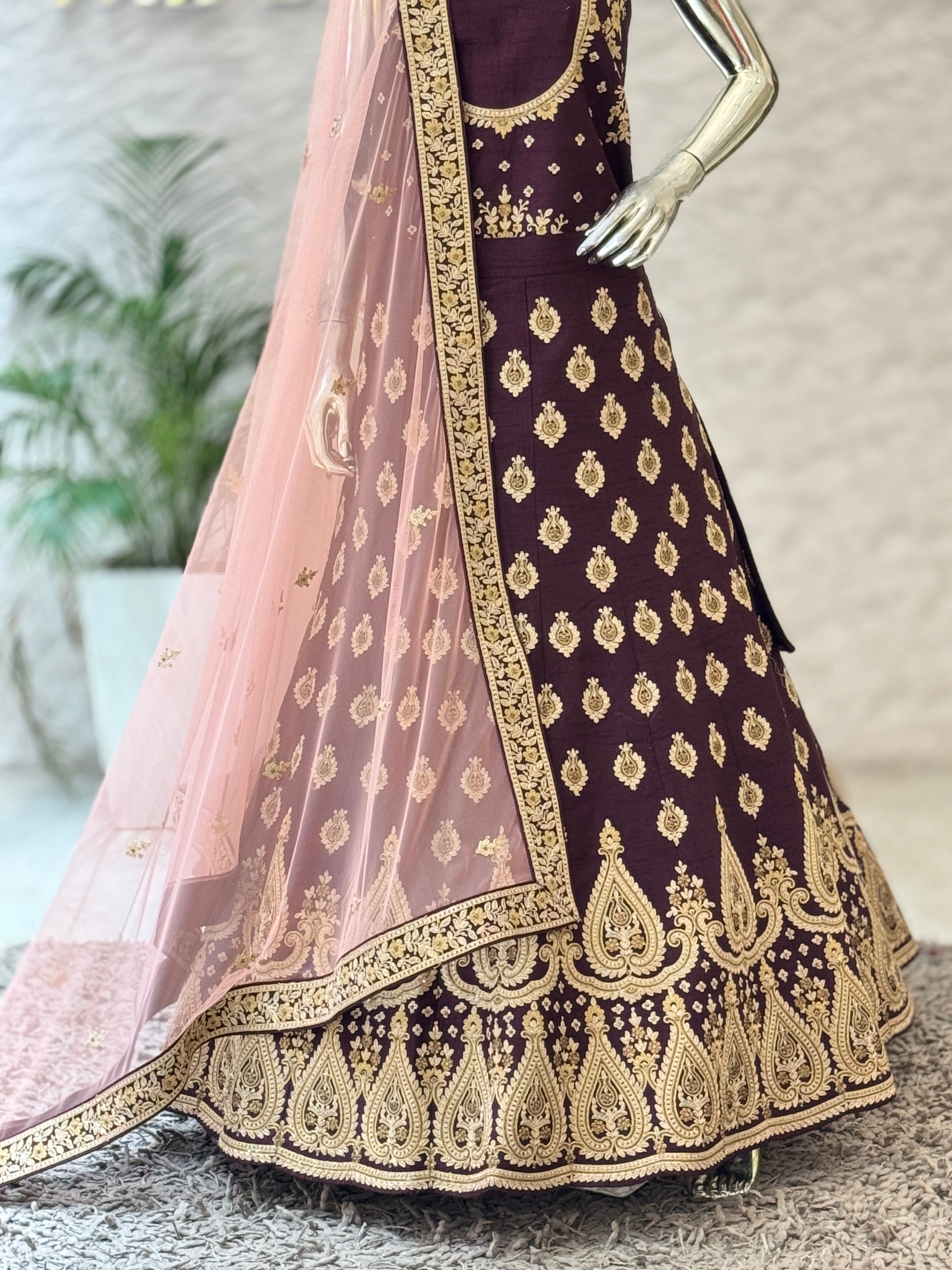Regal Deep Maroon Embellished Unstitched Lehenga Set q5668