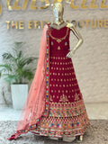 Vibrant Maroon Embroidered Unstitched Lehenga Set 105936