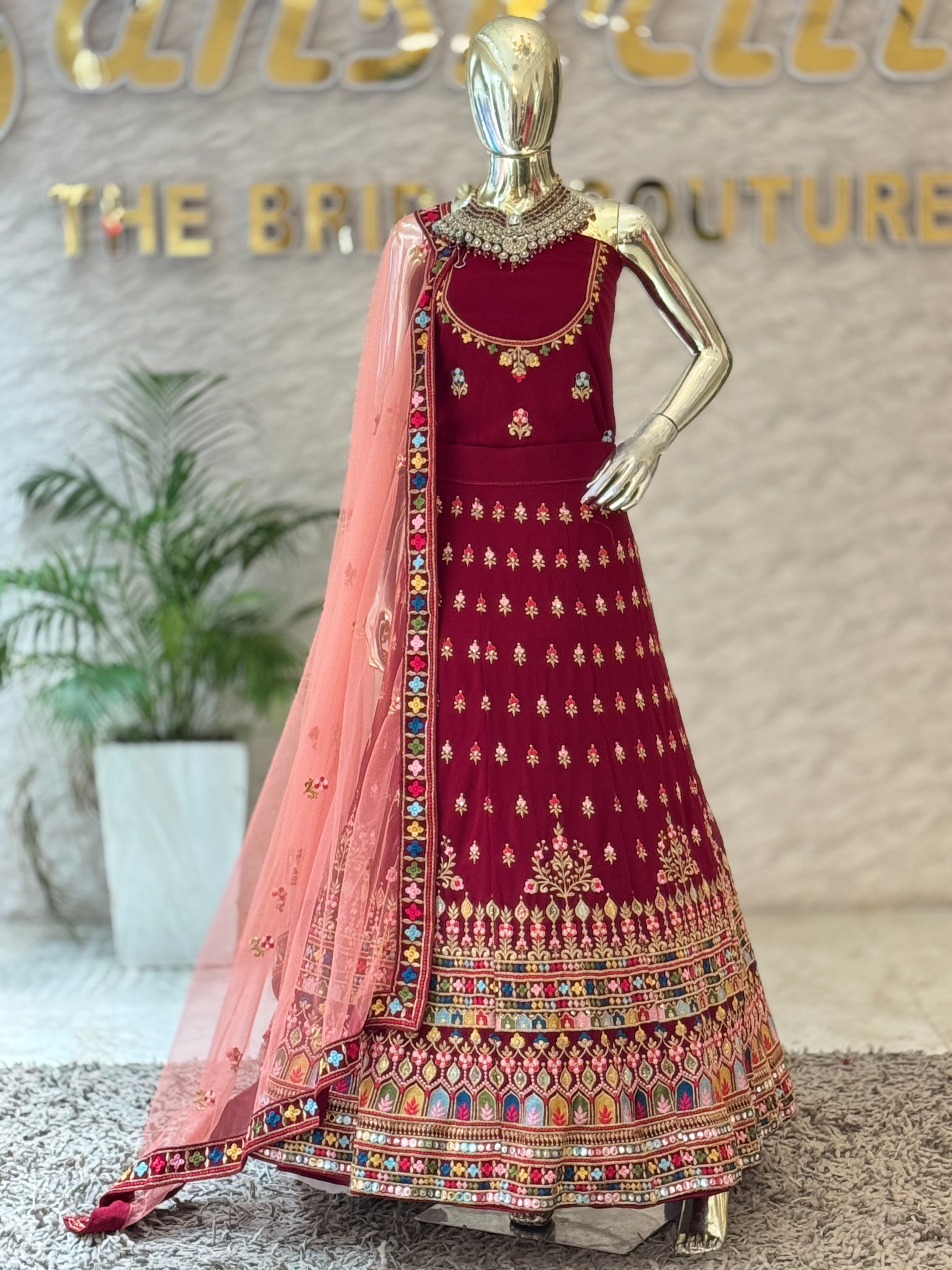 Vibrant Maroon Embroidered Unstitched Lehenga Set 105936