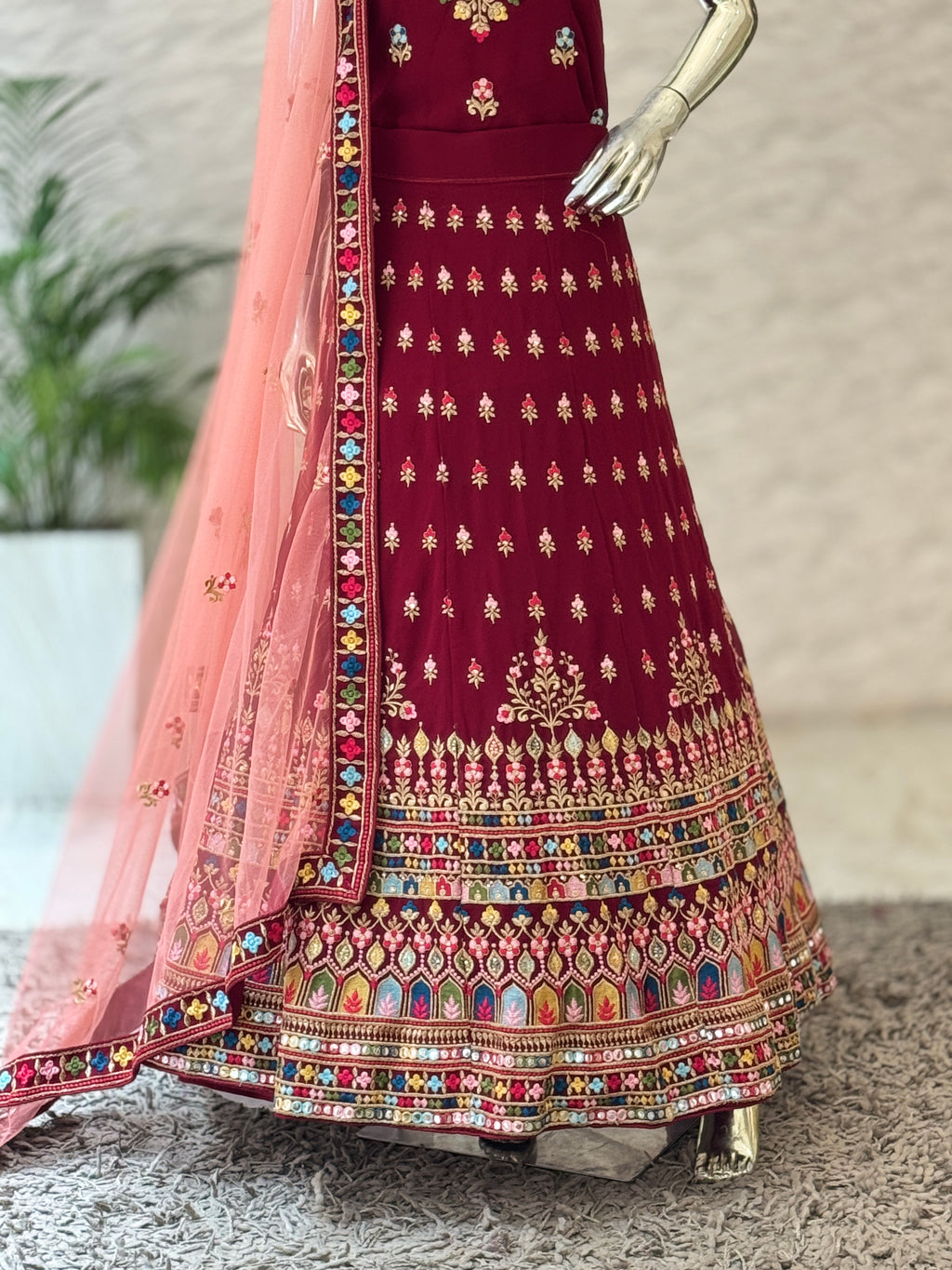 Vibrant Maroon Embroidered Unstitched Lehenga Set 105936