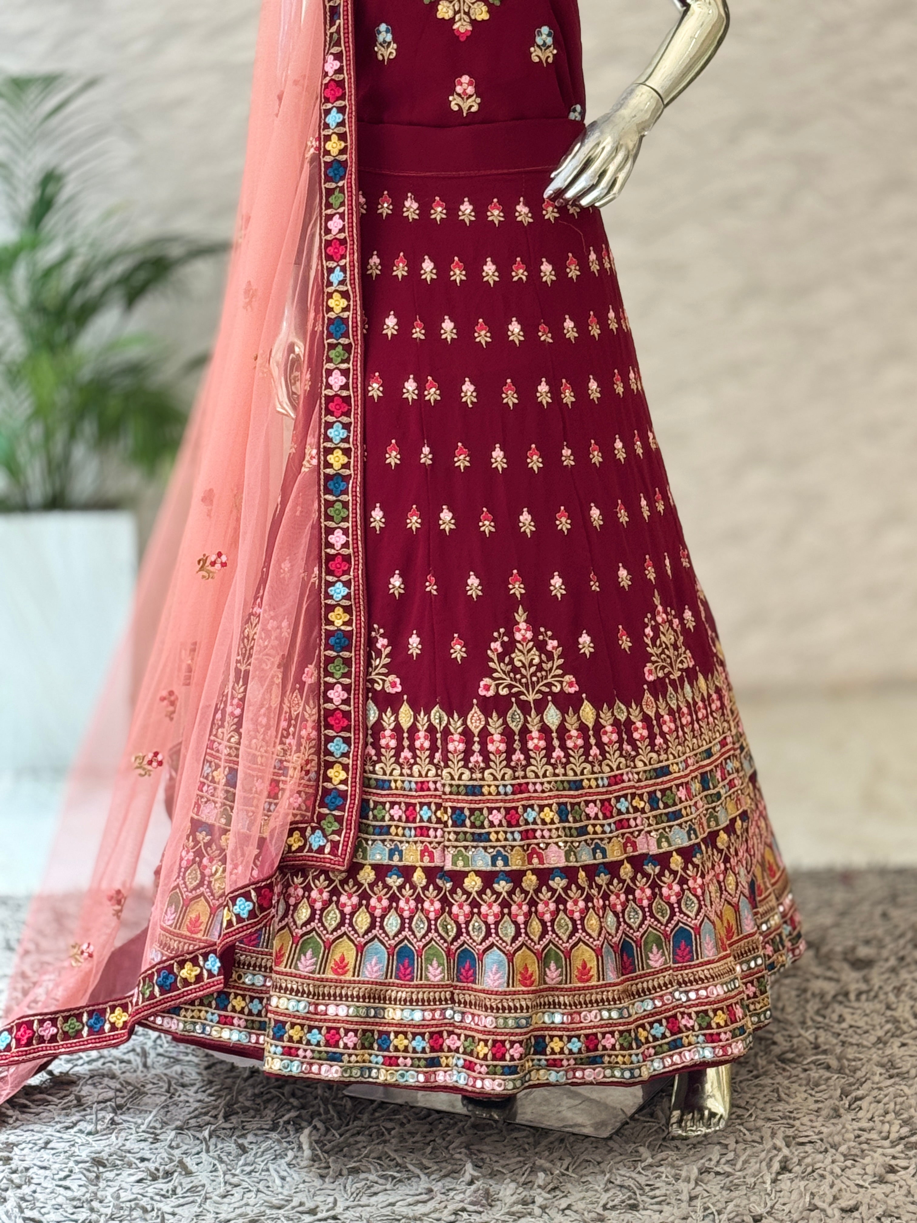 Vibrant Maroon Embroidered Unstitched Lehenga Set 105936