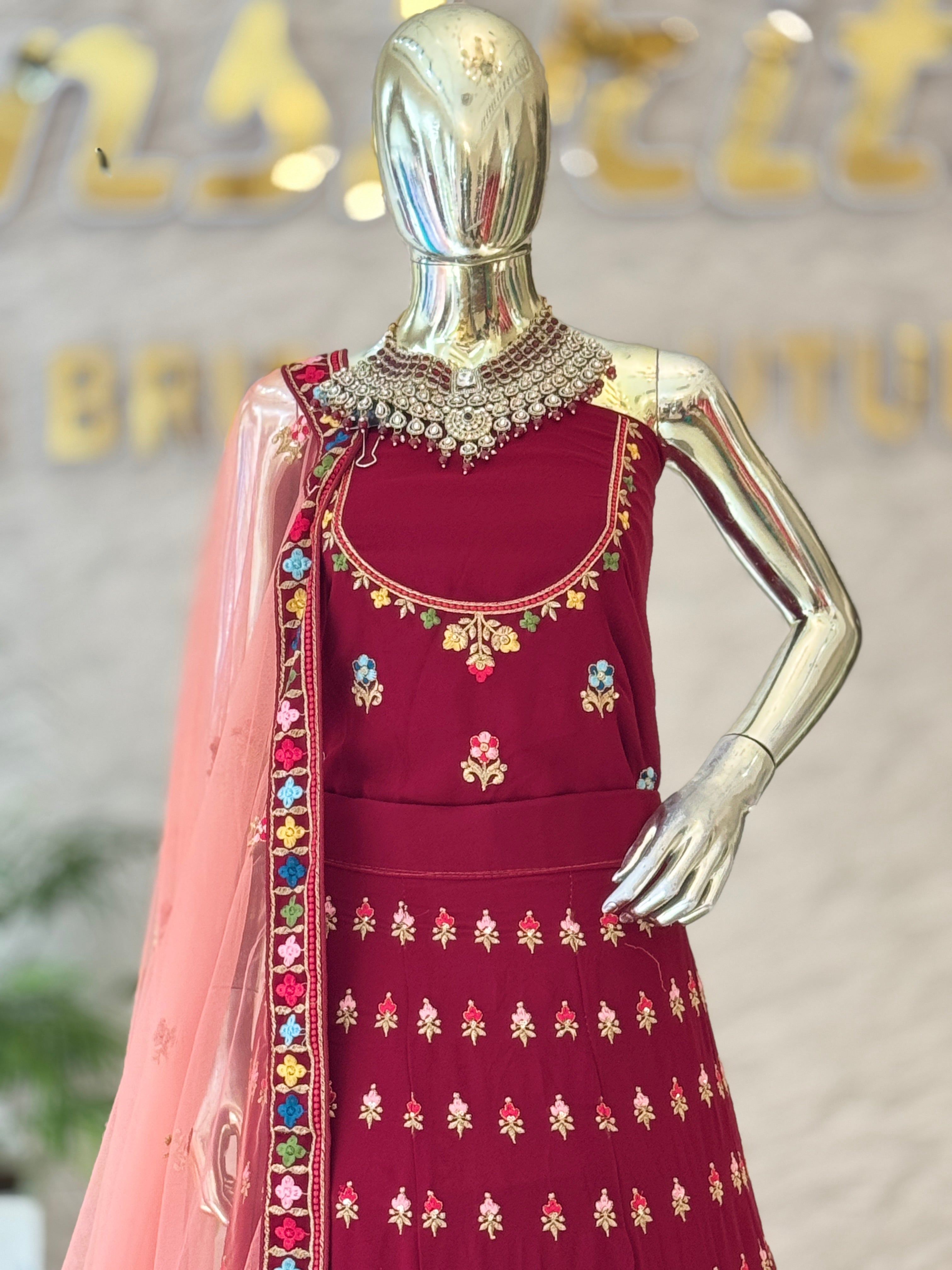 Vibrant Maroon Embroidered Unstitched Lehenga Set 105936