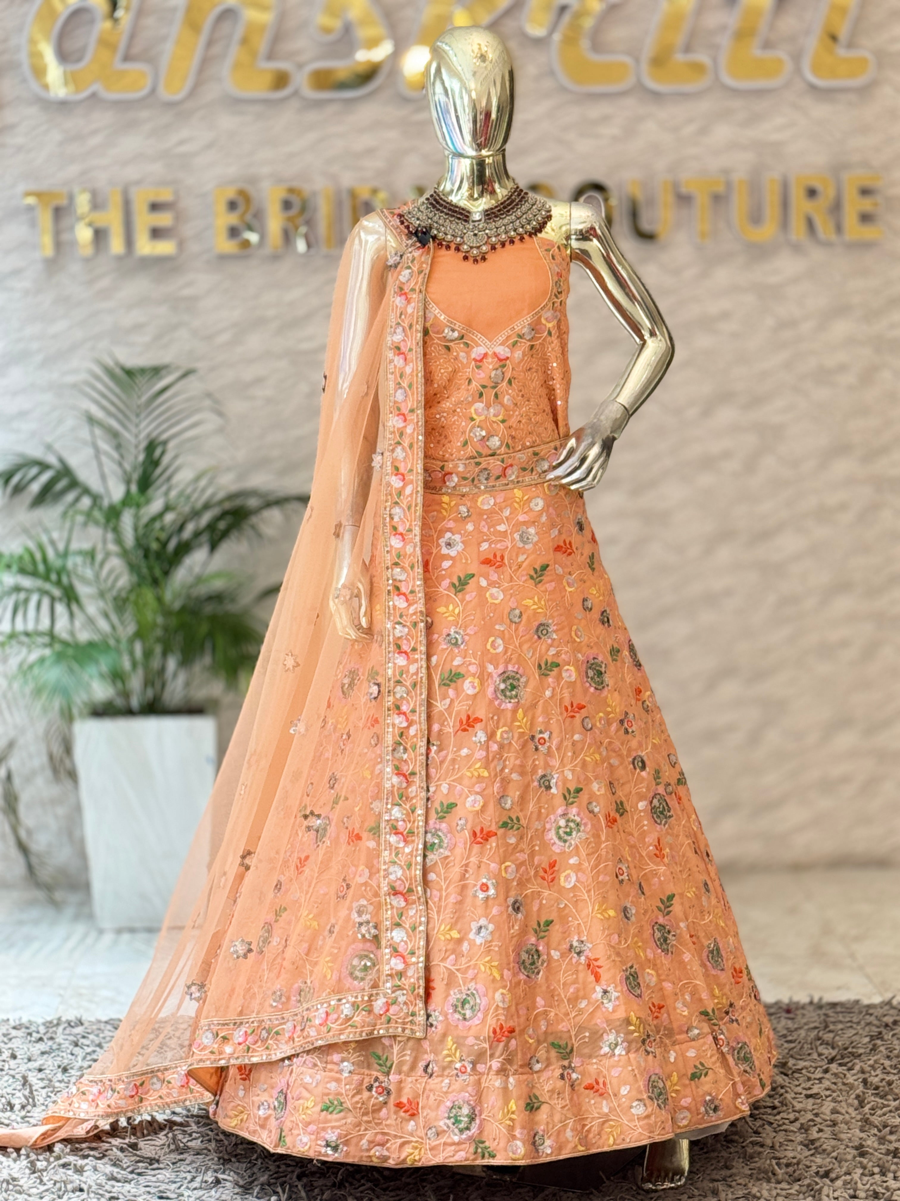 Peach Floral Embroidered Unstitched Lehenga Set 105361