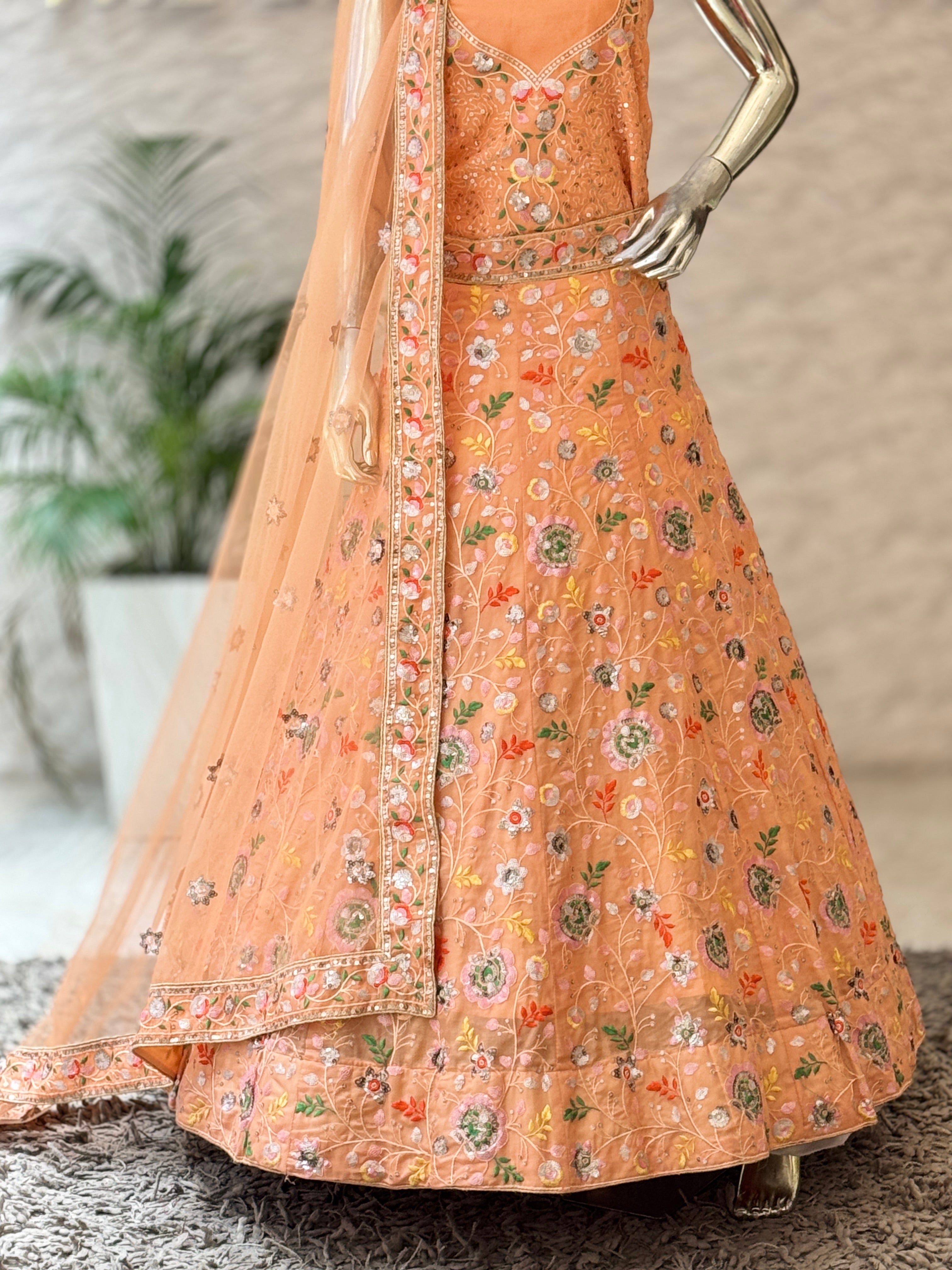 Peach Floral Embroidered Unstitched Lehenga Set 105361