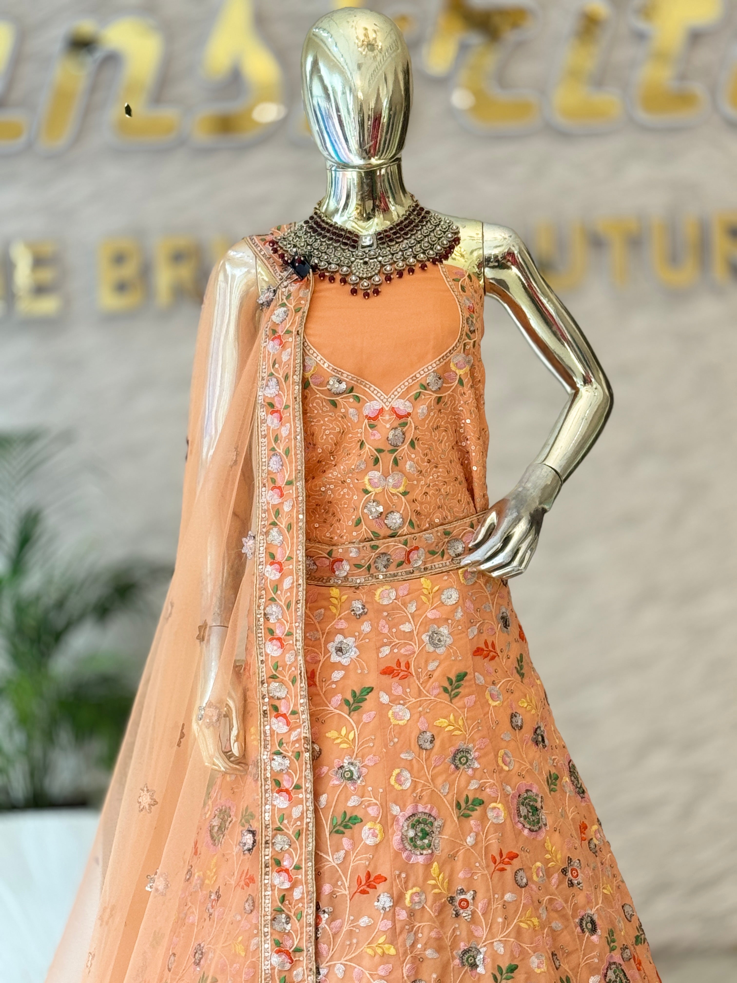 Peach Floral Embroidered Unstitched Lehenga Set 105361