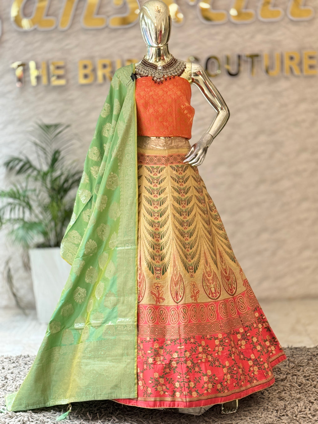 Traditional Orange and Mustard Ethnic Unstitched Lehenga Set 10893