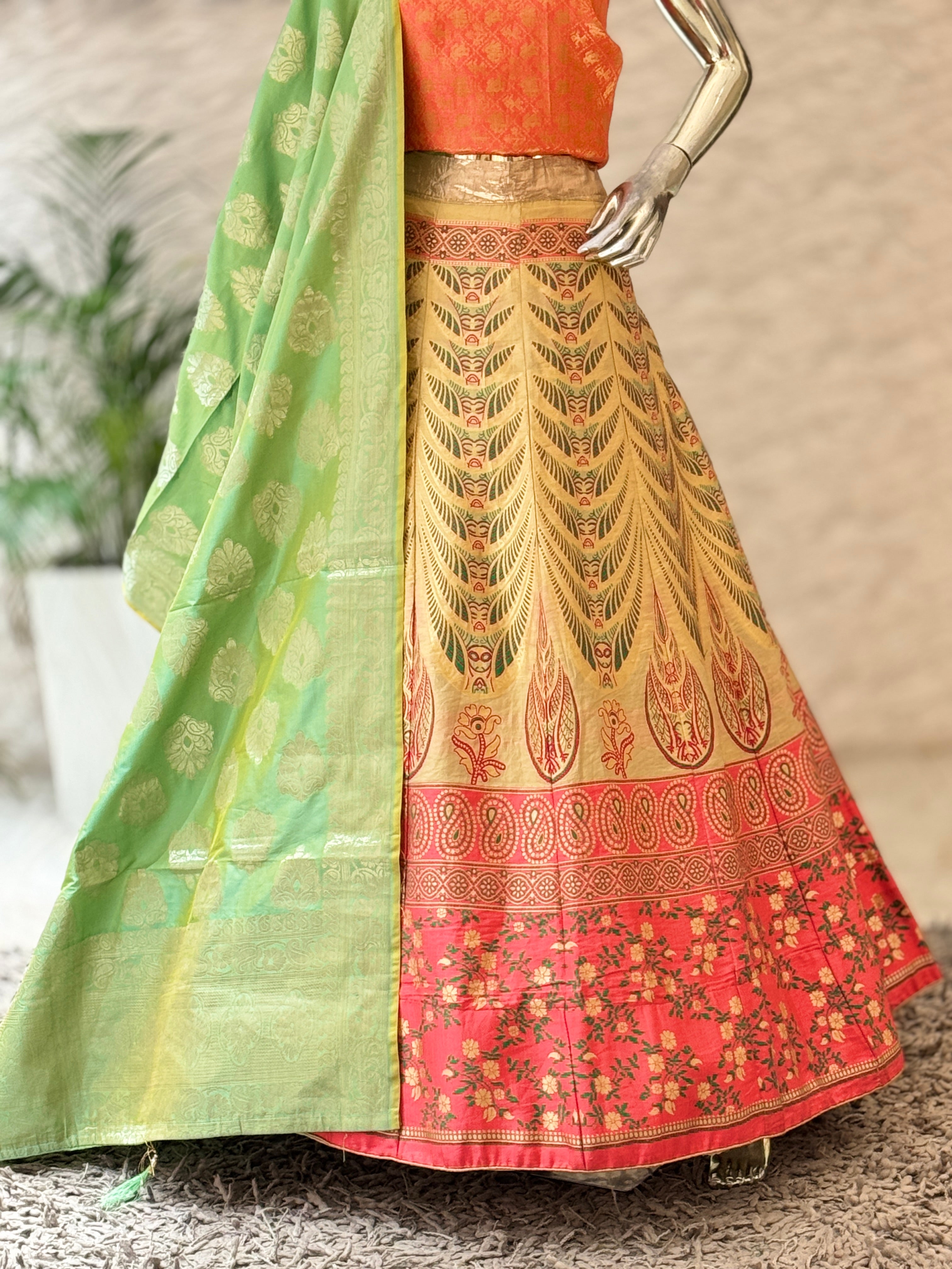 Traditional Orange and Mustard Ethnic Unstitched Lehenga Set 10893