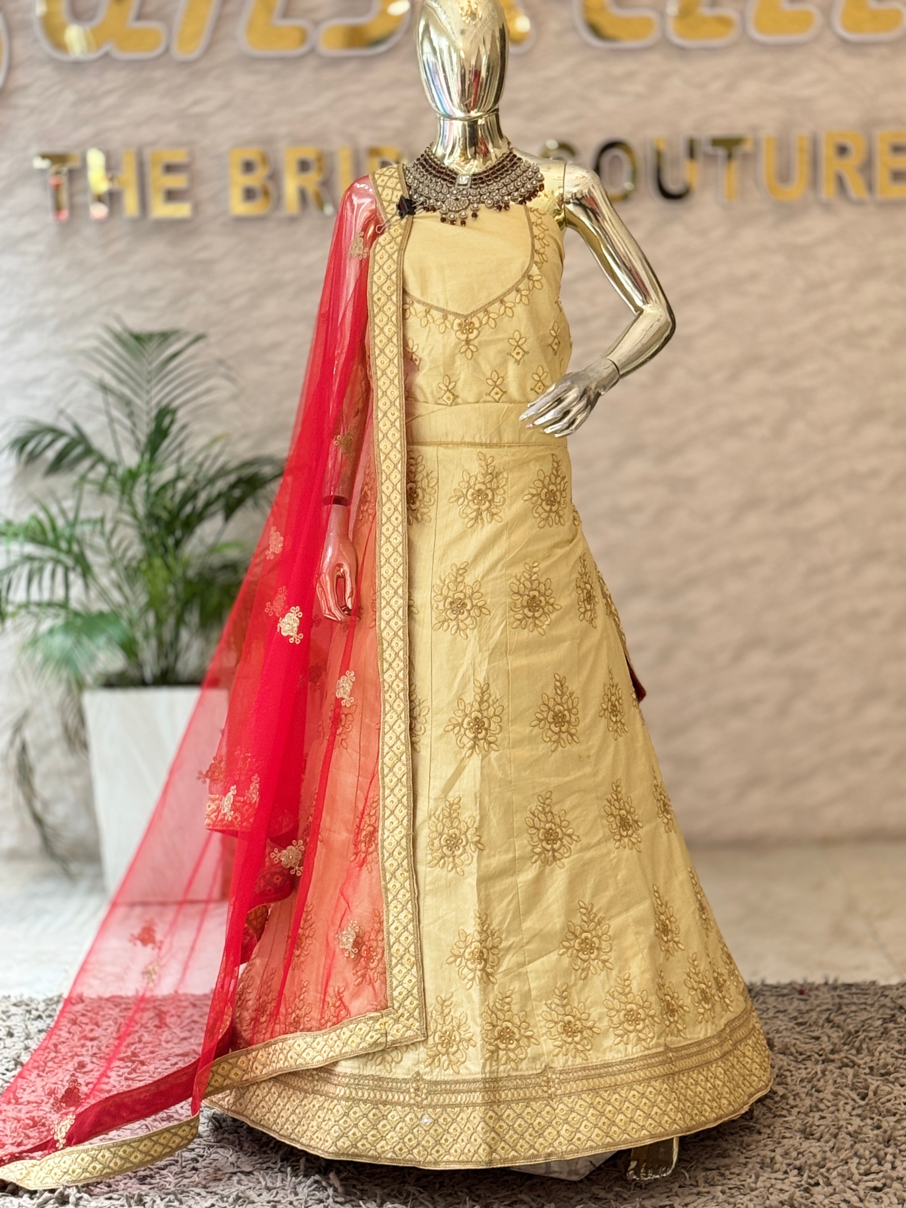 Elegant Golden Embroidered Unstitched Lehenga Set 12460