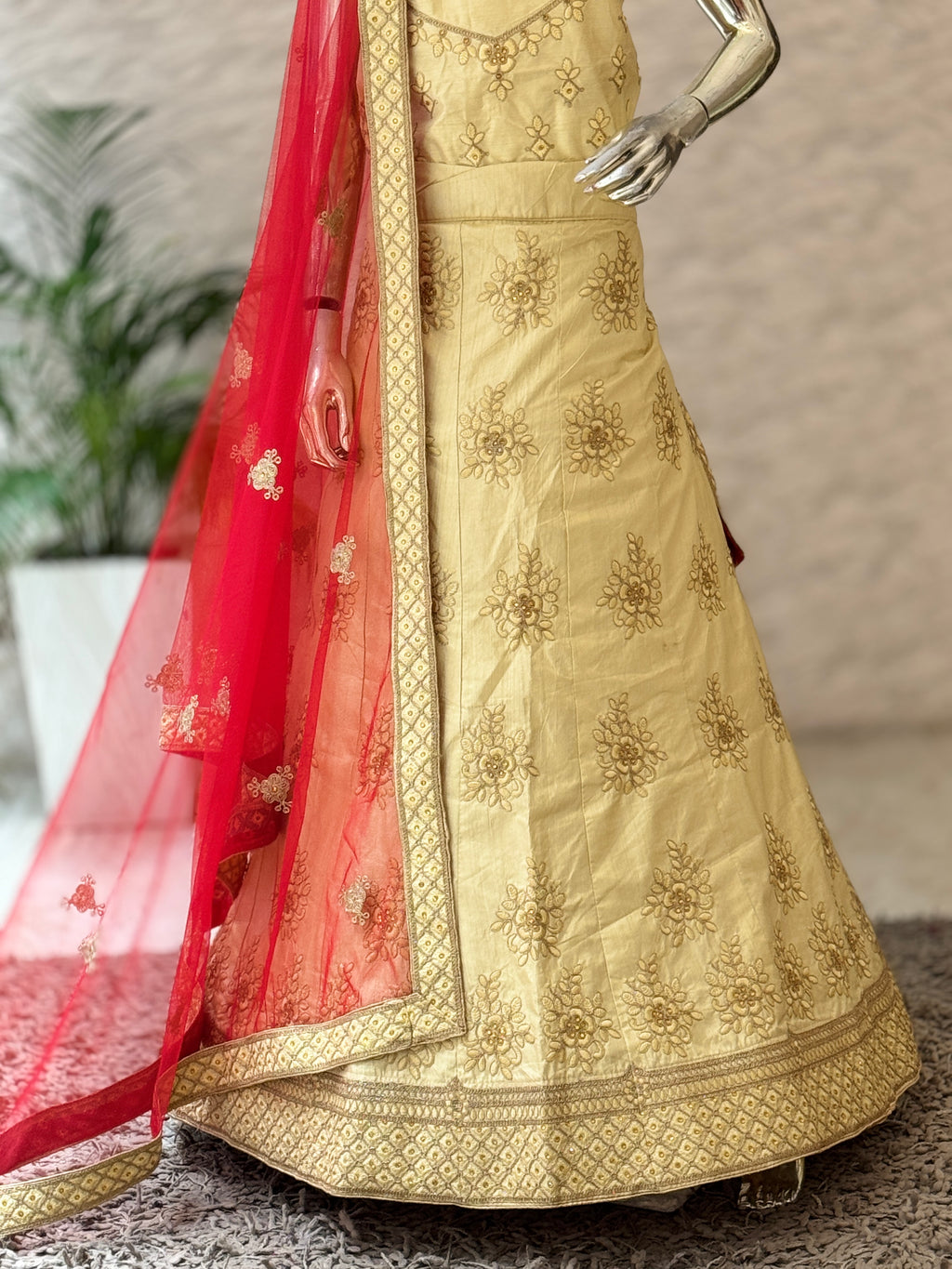 Elegant Golden Embroidered Unstitched Lehenga Set 12460
