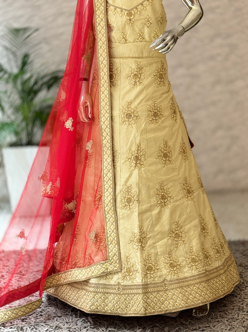 Elegant Golden Embroidered Unstitched Lehenga Set 12460