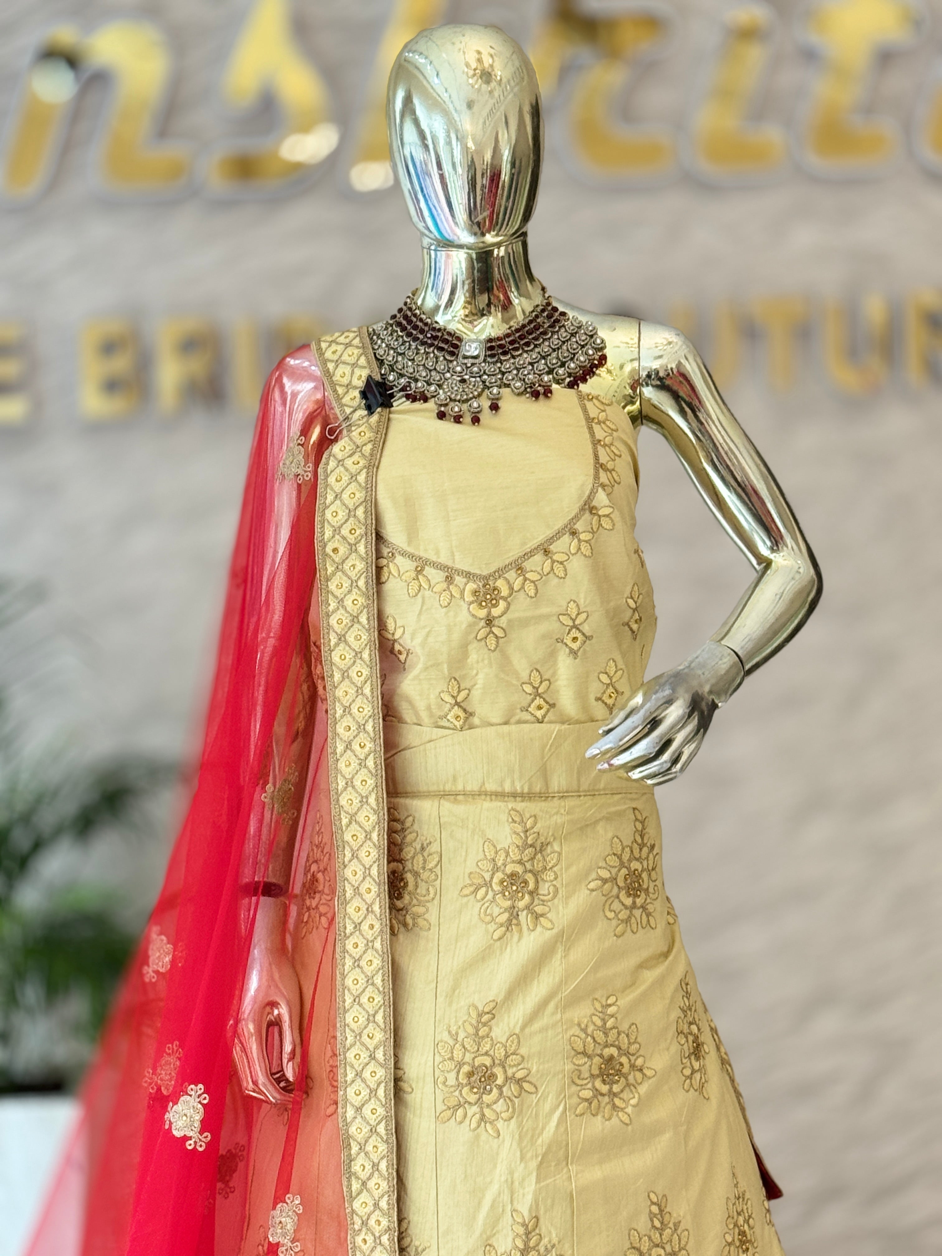 Elegant Golden Embroidered Unstitched Lehenga Set 12460