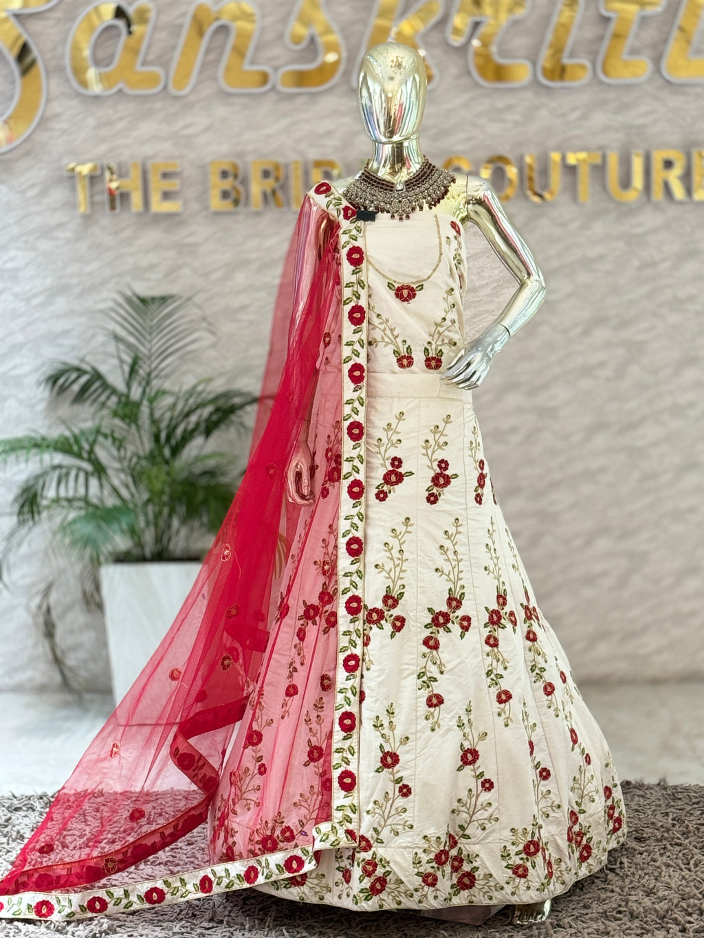 Elegant Ivory and Red Floral Embroidered Unstitched Lehenga Set 12010