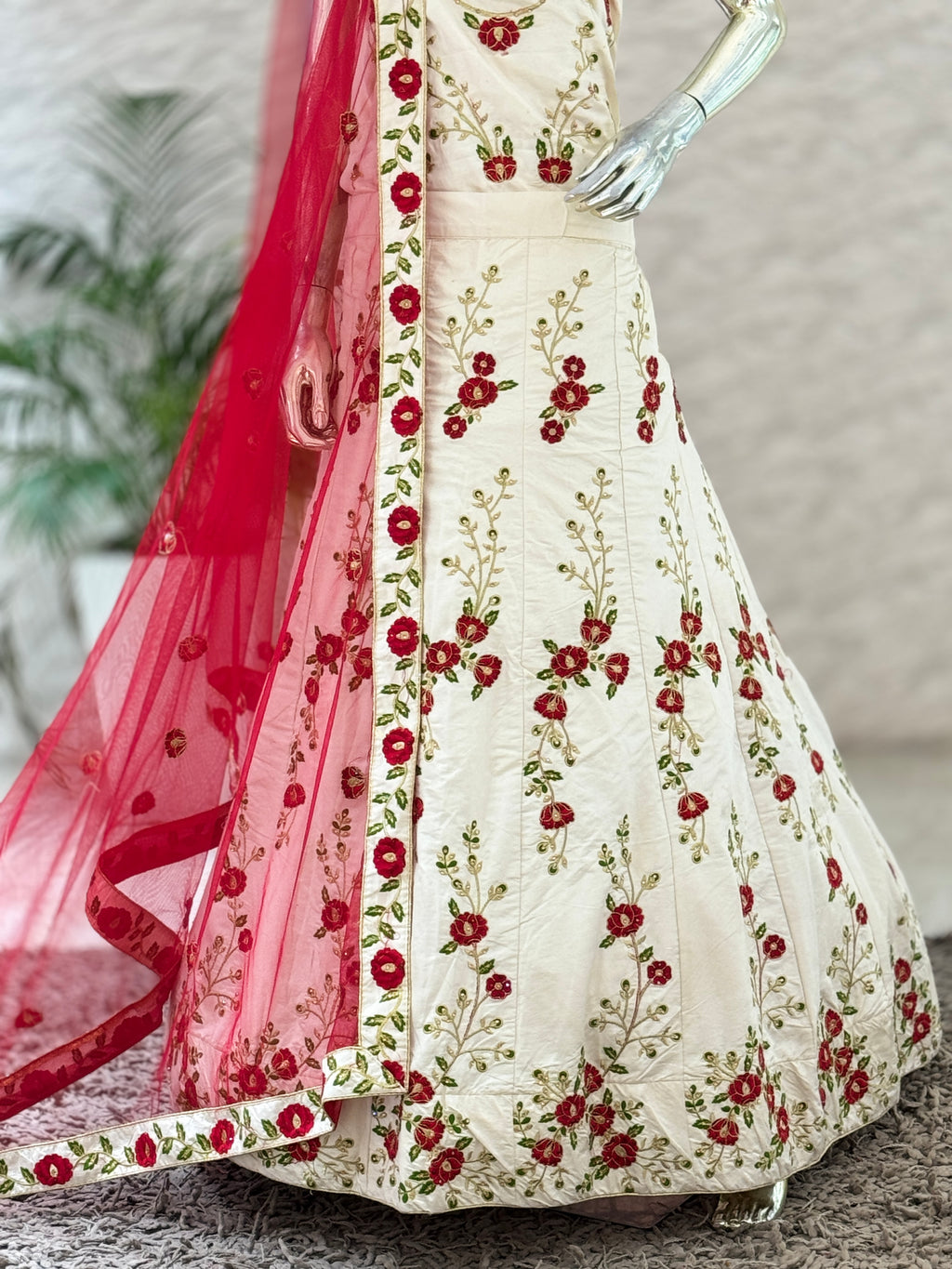 Elegant Ivory and Red Floral Embroidered Unstitched Lehenga Set 12010