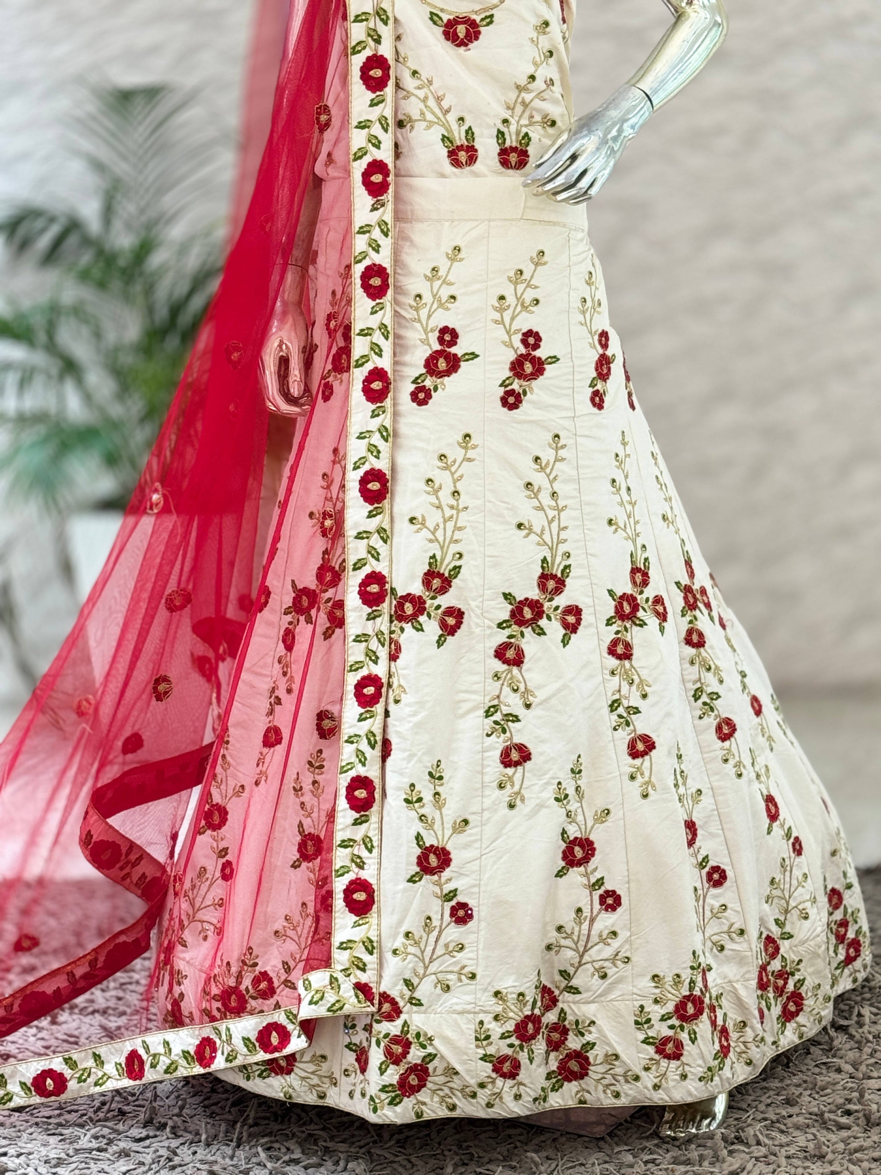 Elegant Ivory and Red Floral Embroidered Unstitched Lehenga Set 12010