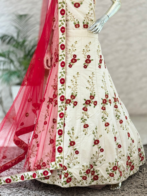 Elegant Ivory and Red Floral Embroidered Unstitched Lehenga Set 12010