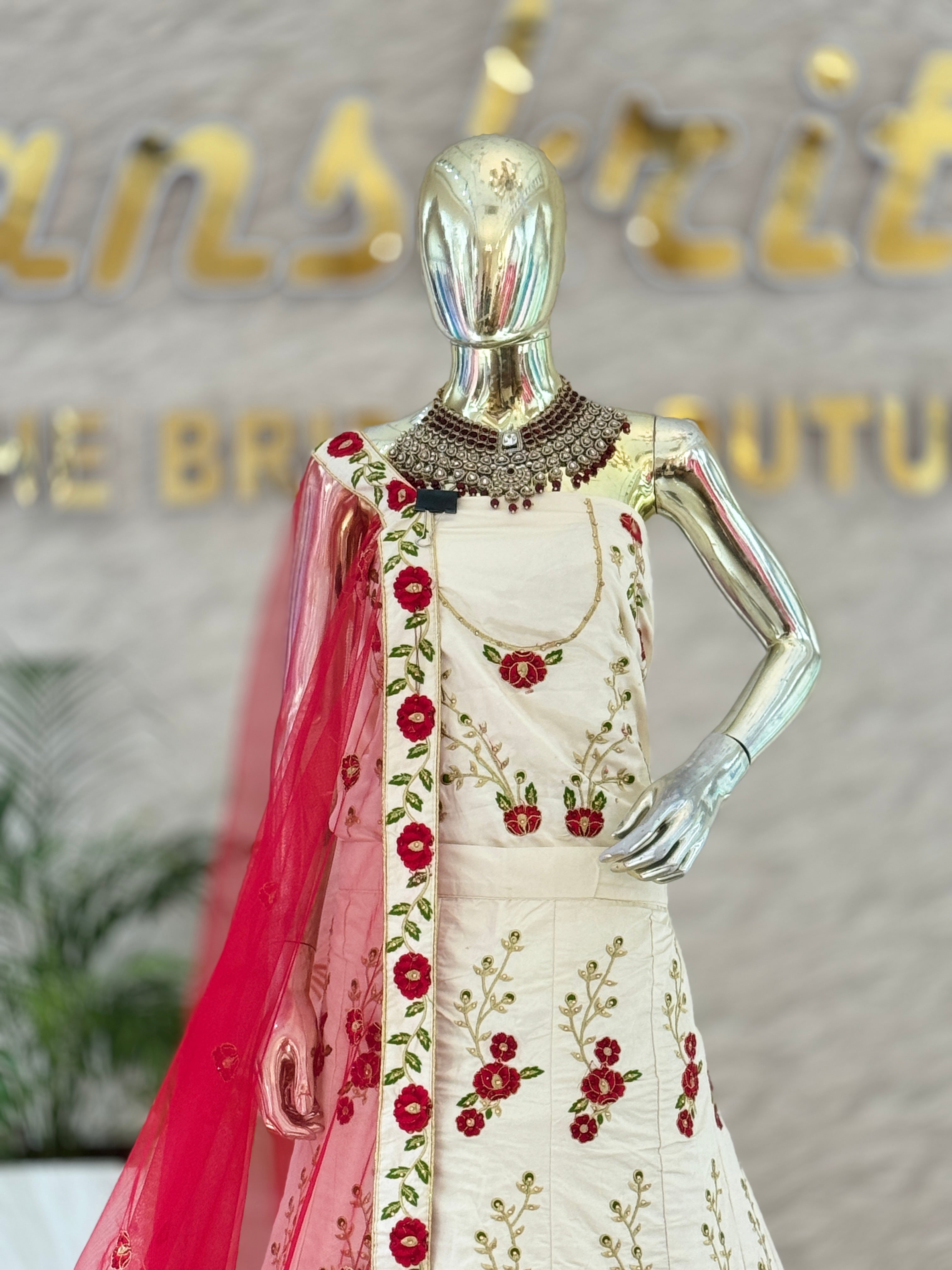 Elegant Ivory and Red Floral Embroidered Unstitched Lehenga Set 12010
