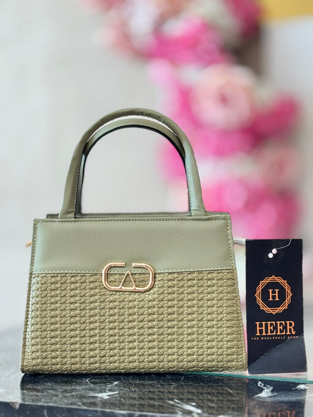 Q562474 Olive Woven Structured Top-Handle Bag