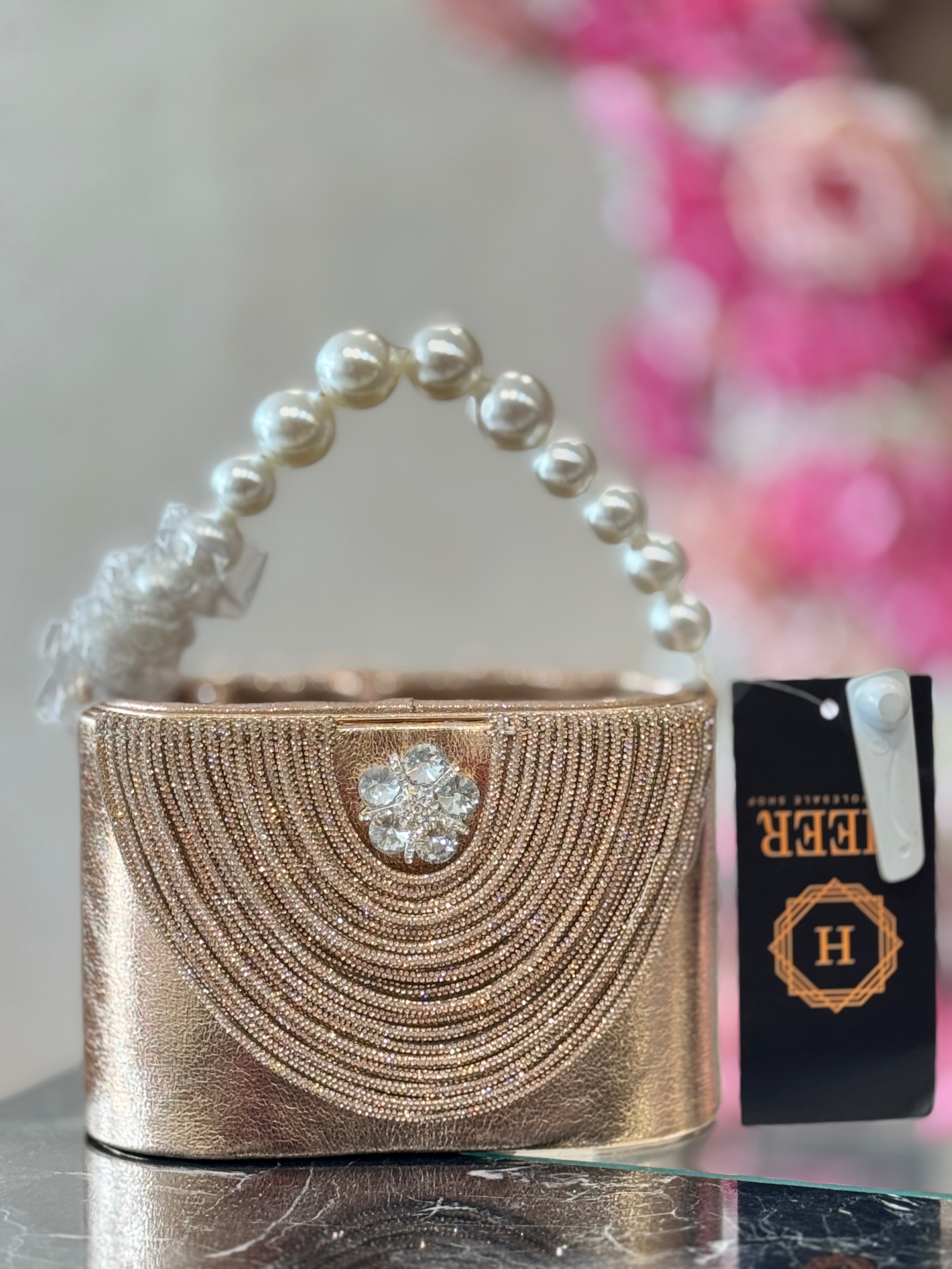Q562467 Pearl-Handle Crystal Embellished Evening Clutch Handbag