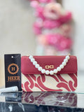Elegant Pearl-Accented Maroon Patterned Handbag q562459