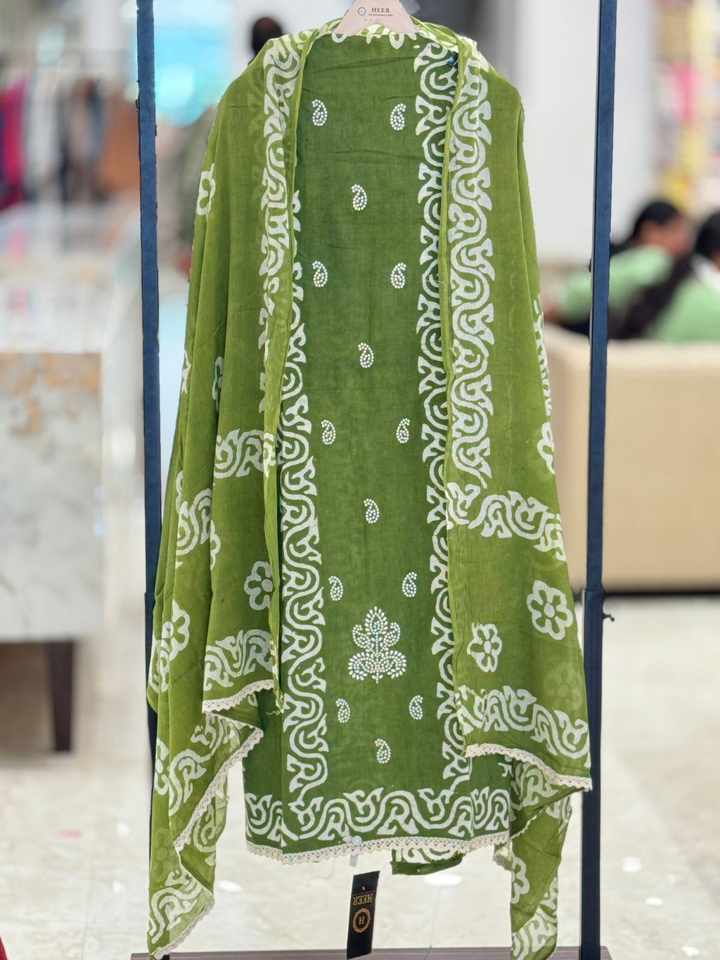 Q562886 Premium Olive Green Unstitched Cotton-Mulmul suit with Batik-Style Prints and Crochet Lace Borders