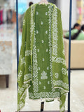 Q562886 Premium Olive Green Unstitched Cotton-Mulmul suit with Batik-Style Prints and Crochet Lace Borders