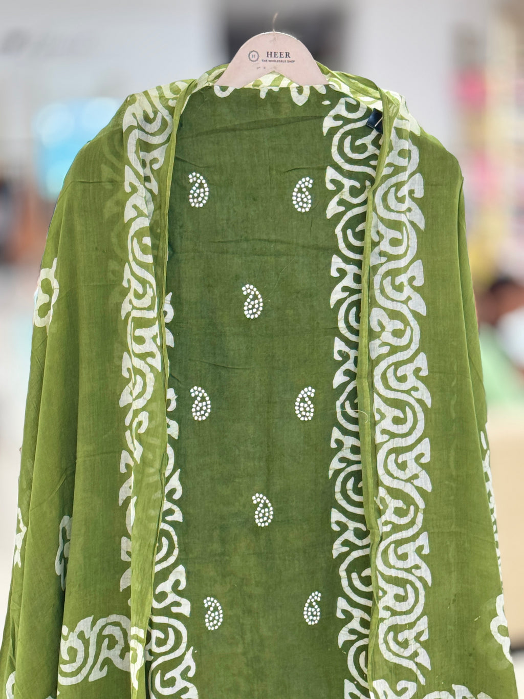 Q562886 Premium Olive Green Unstitched Cotton-Mulmul suit with Batik-Style Prints and Crochet Lace Borders