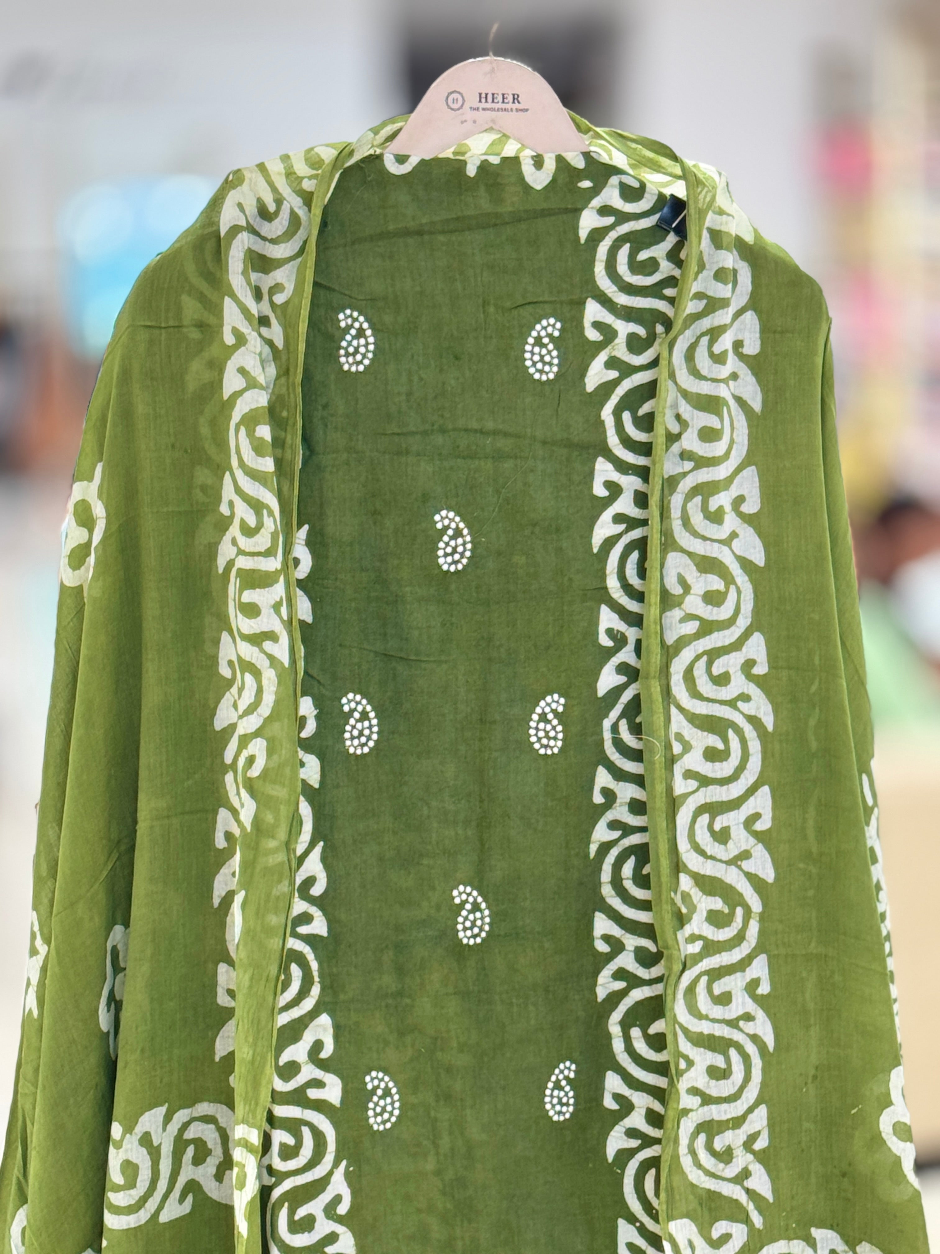 Q562886 Premium Olive Green Unstitched Cotton-Mulmul suit with Batik-Style Prints and Crochet Lace Borders