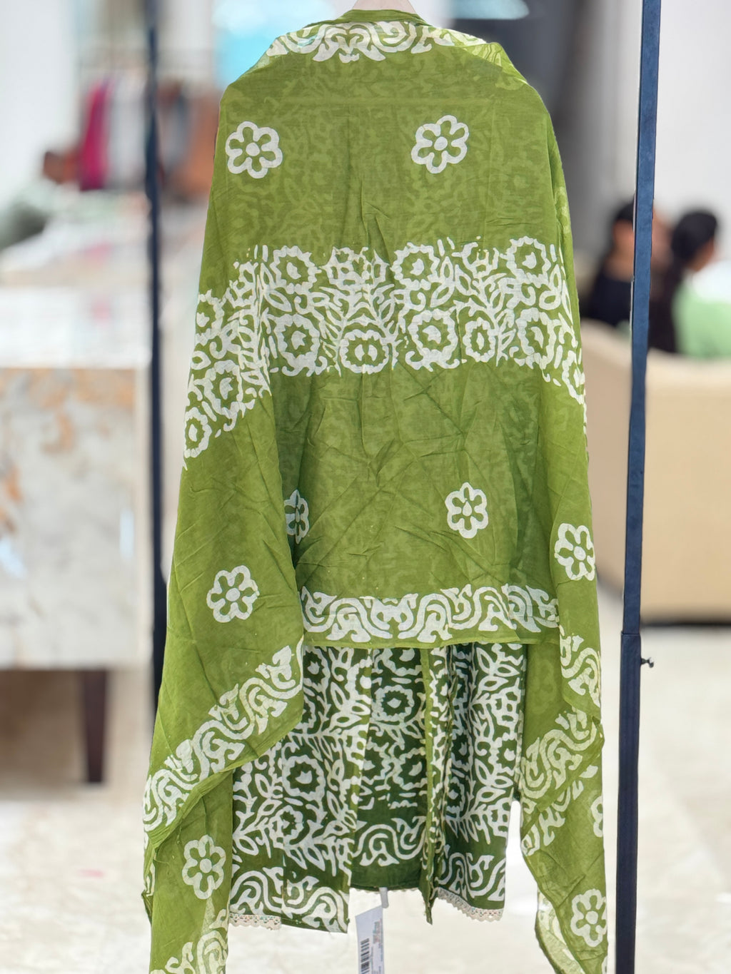 Q562886 Premium Olive Green Unstitched Cotton-Mulmul suit with Batik-Style Prints and Crochet Lace Borders