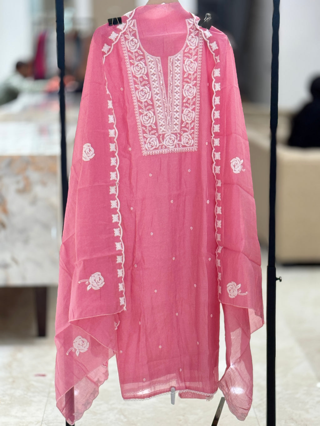 Q562893 Premium Onion-Pink Unstitched muslin Suit with White Resham Floral Embroidery