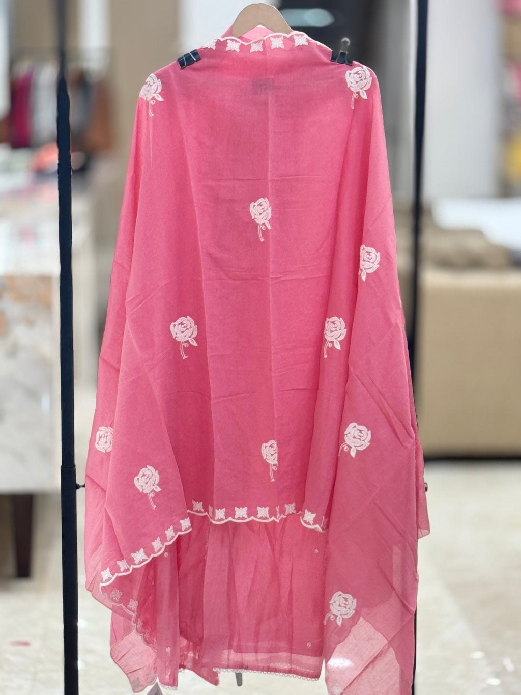 Q562893 Premium Onion-Pink Unstitched muslin Suit with White Resham Floral Embroidery