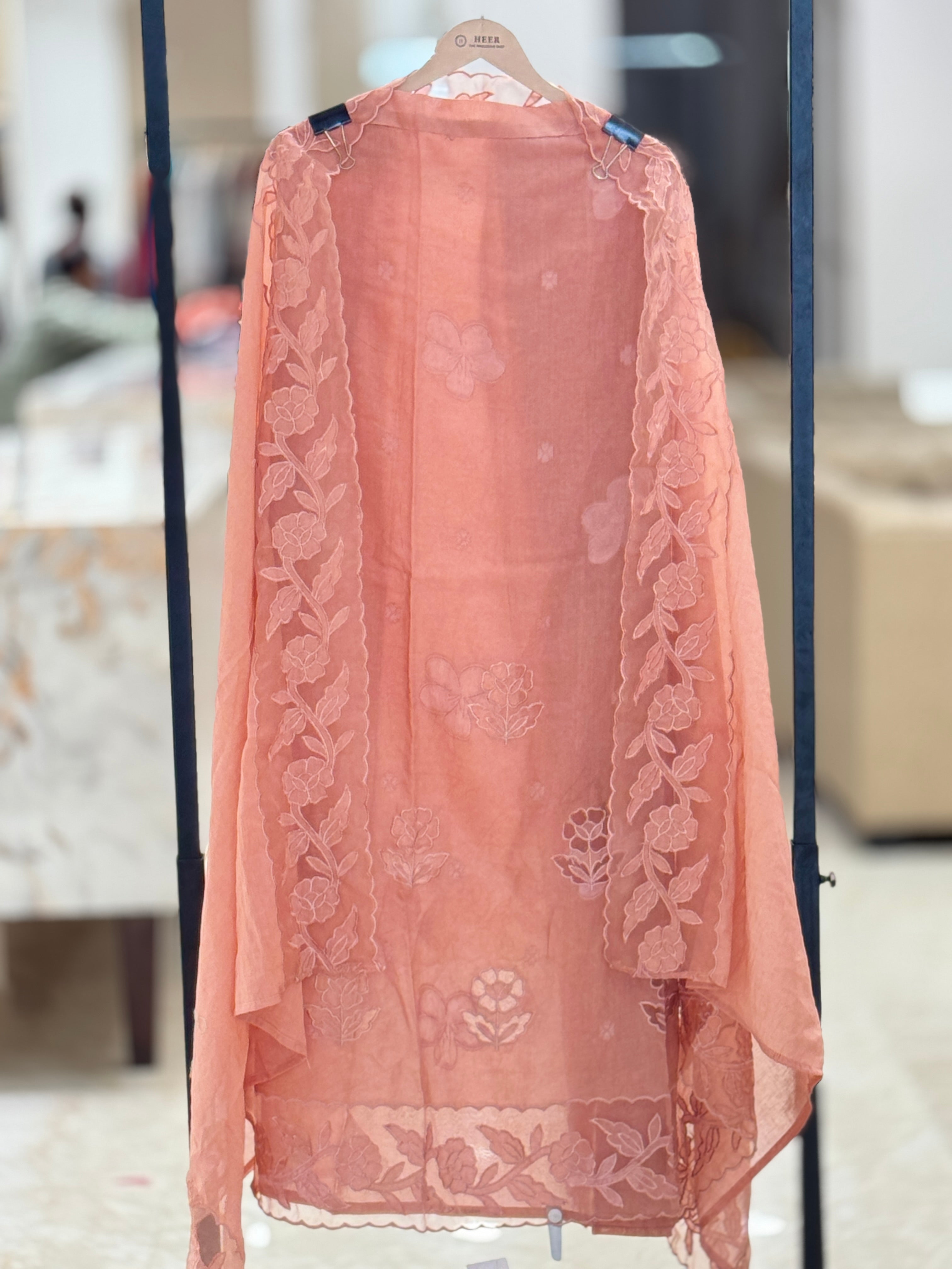Q562899 Premium Peach Unstitched Chanderi Silk Suit with Organza Cutwork and Scalloped Floral Embroidery