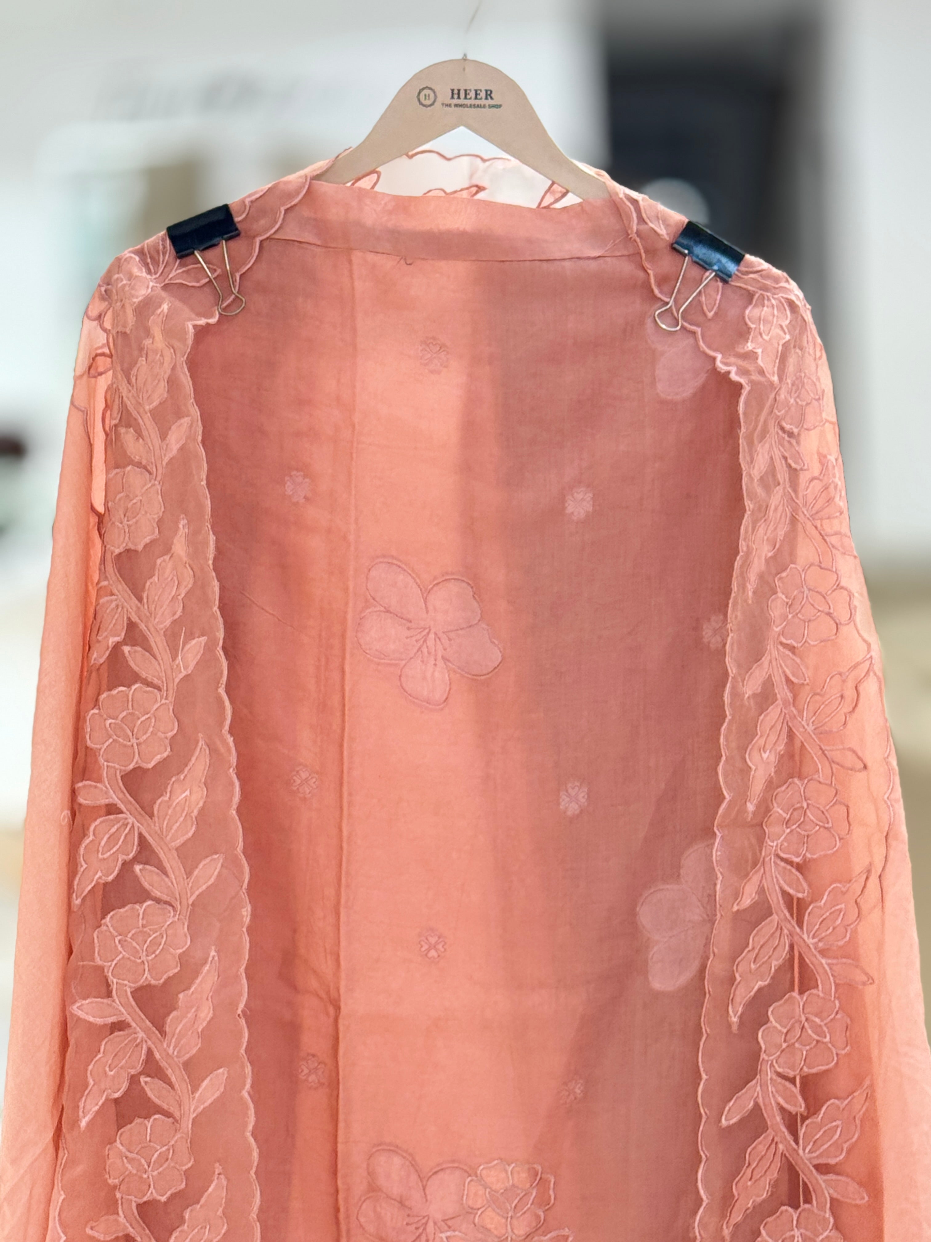 Q562899 Premium Peach Unstitched Chanderi Silk Suit with Organza Cutwork and Scalloped Floral Embroidery