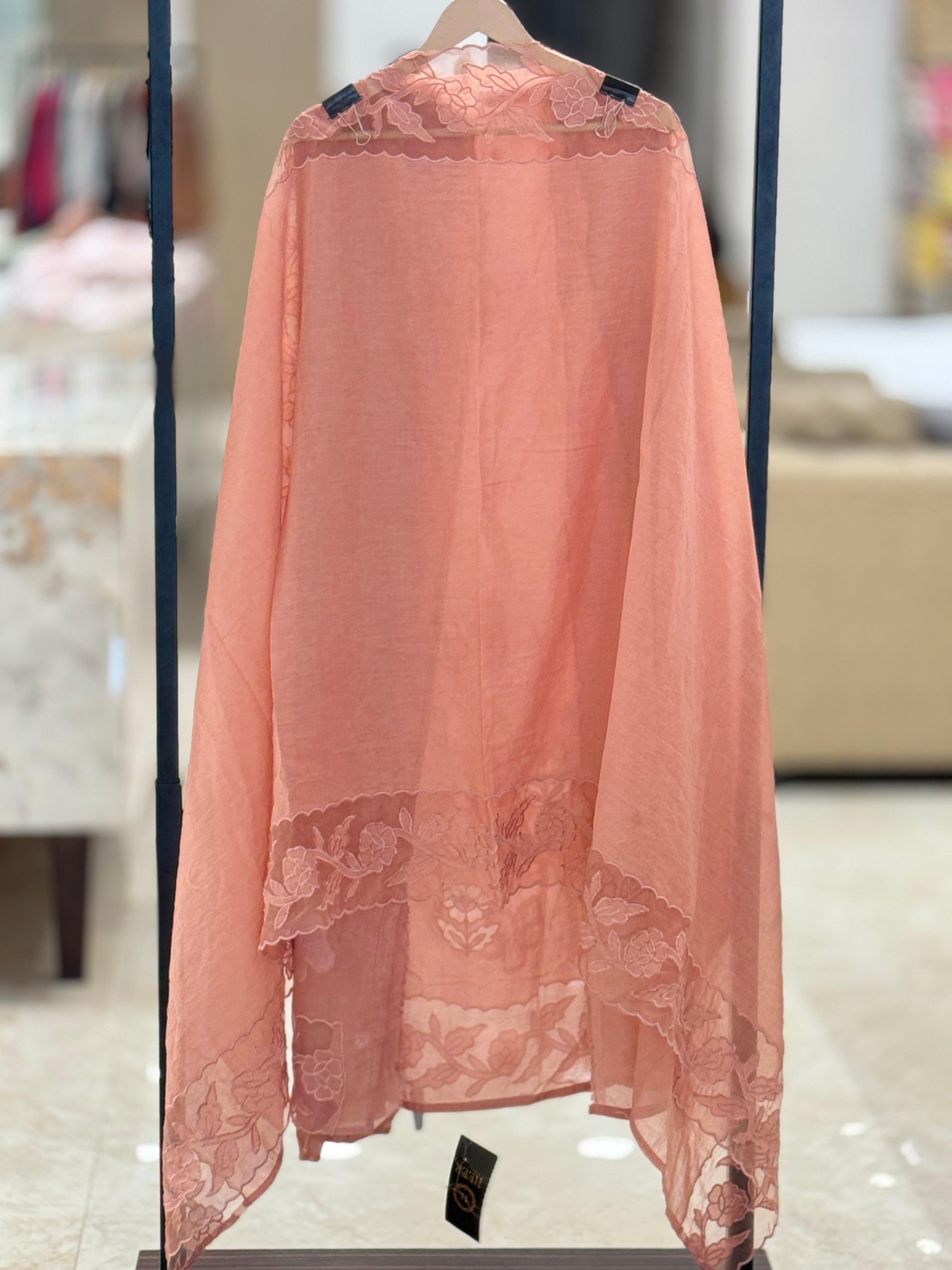 Q562899 Premium Peach Unstitched Chanderi Silk Suit with Organza Cutwork and Scalloped Floral Embroidery