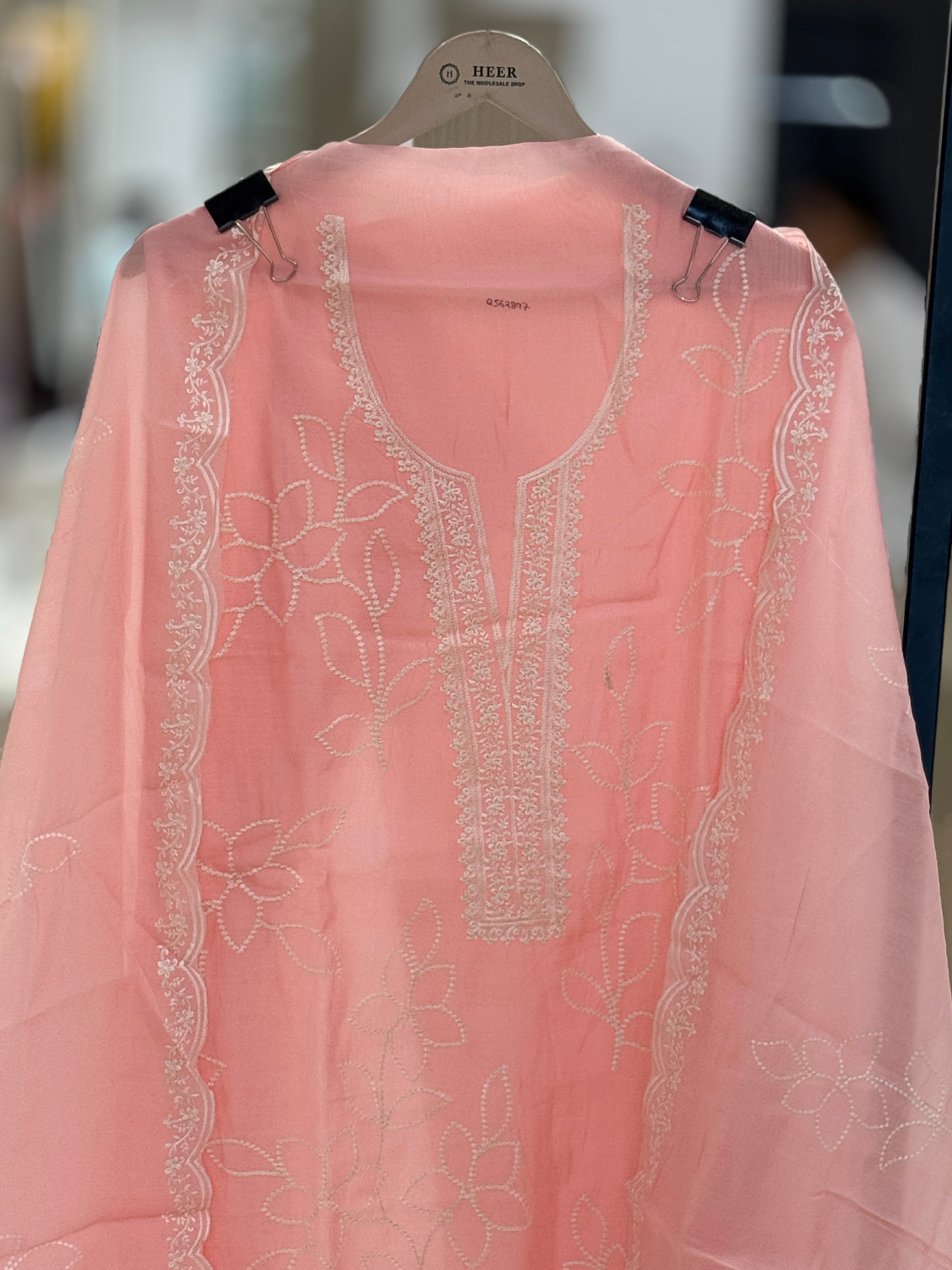 Q562897 Elegant Peach-Pink Unstitched muslin Suit with Minimalist White Floral Embroidery