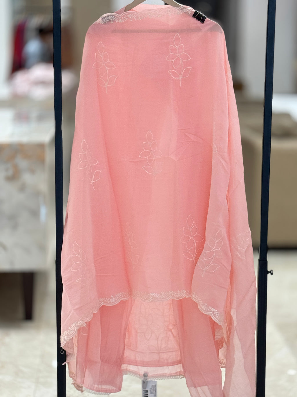 Q562897 Elegant Peach-Pink Unstitched muslin Suit with Minimalist White Floral Embroidery