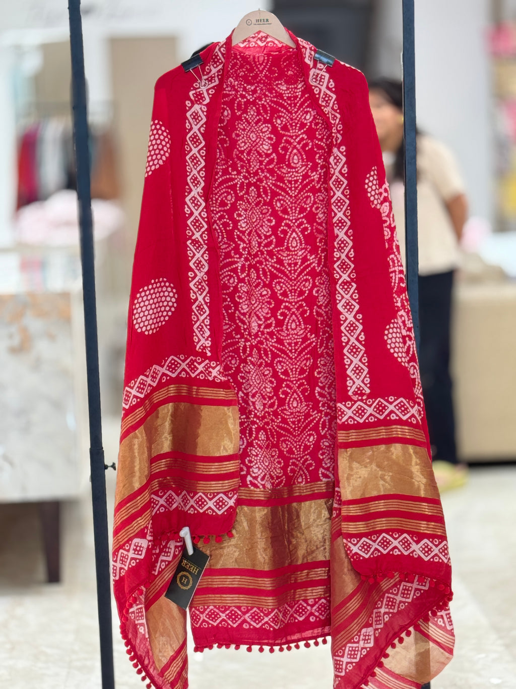 Q562896 Red Unstitched Bandhani Print cotton Suit with Rich Gold Zari Borders