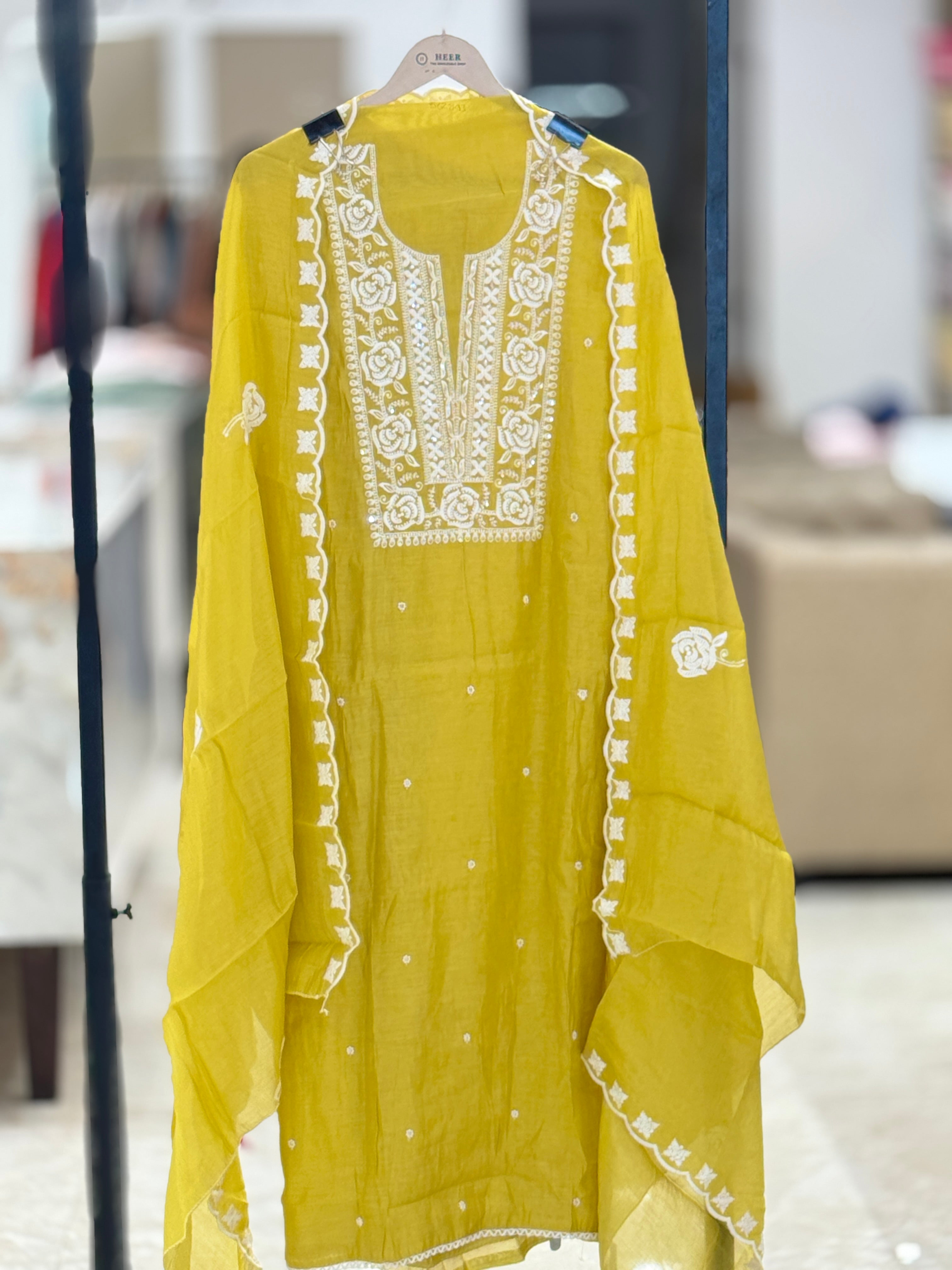 Q562893 Mustard Yellow Unstitched Muslin Suit with White Floral Resham Embroidery