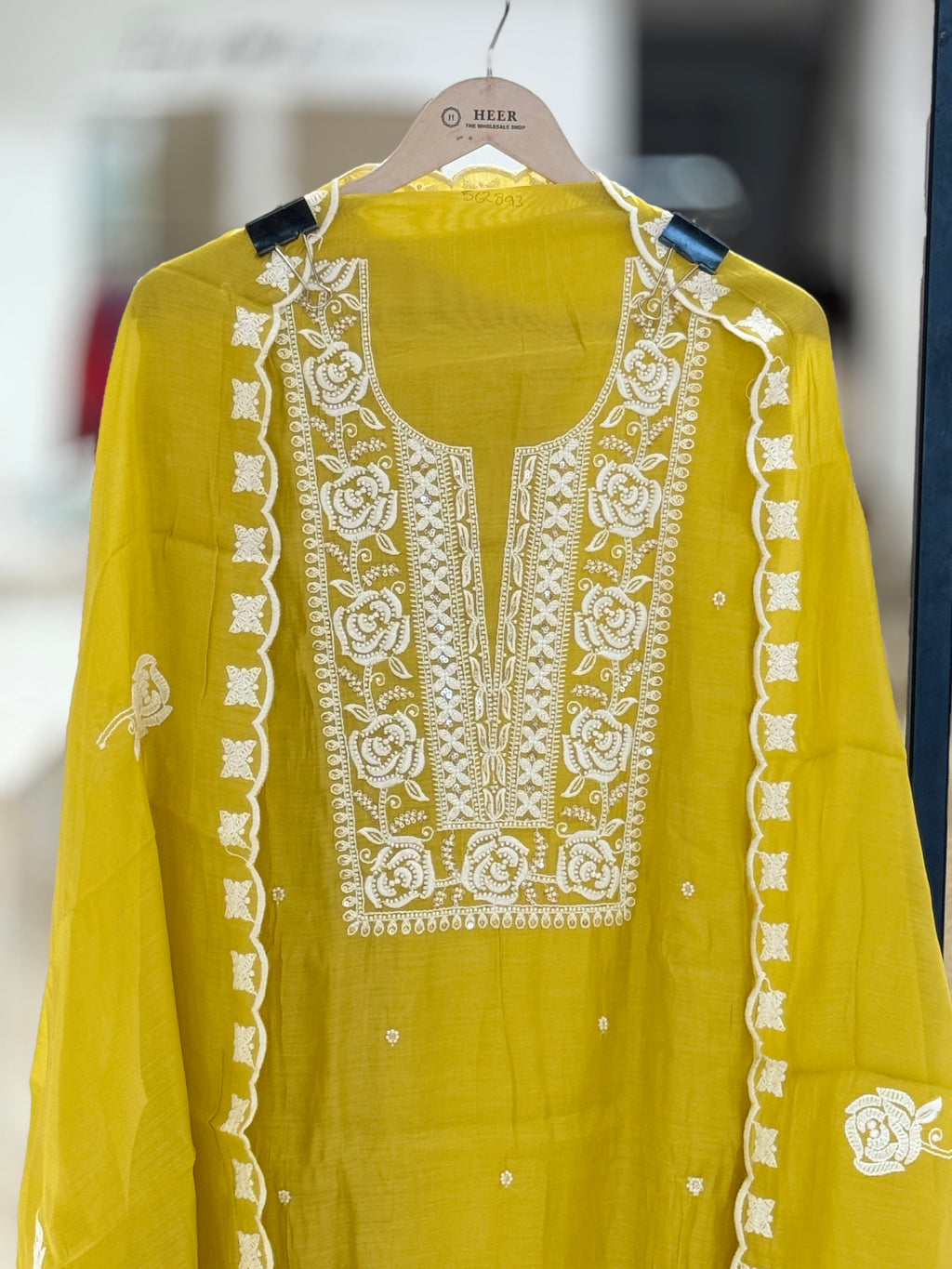 Q562893 Mustard Yellow Unstitched Muslin Suit with White Floral Resham Embroidery