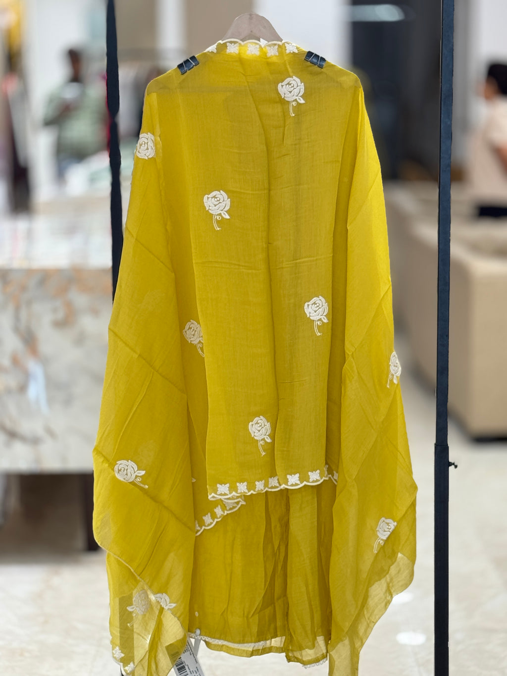 Q562893 Mustard Yellow Unstitched Muslin Suit with White Floral Resham Embroidery